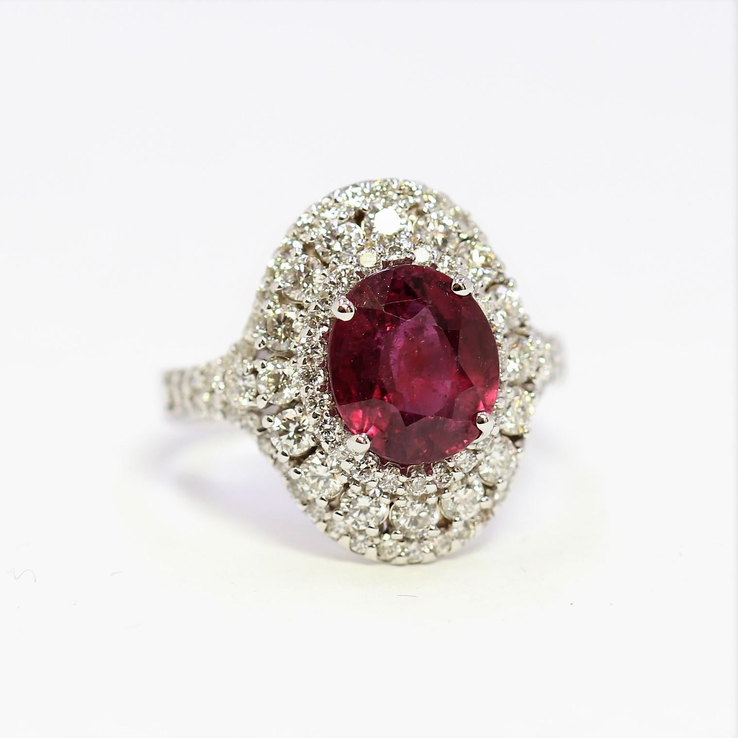 14K White Gold 4.83gm / Diamond 2.28ct / NATURAL Ruby 3.42ct #GVR1685
Mounted in 14K white gold, a 3.42ct Natural ruby, a king of precious stone, brightly catches the light. A sparkling 2.28ct Diamond surround adds a touch of subtle sparkle lending