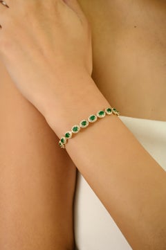 3.24ct Natural Zambian Emerald & 1.83ct Diamond Halo Tennis Bracelet in 14K Gold