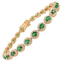 3.24ct Natural Zambian Emerald & 1.83ct Diamond Halo Tennis Bracelet in 14K Gold