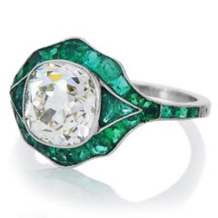 3.24ct Old Mine Platinum Art Deco Cushion Diamond & Emerald Ring