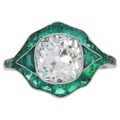 3.24ct Old Mine Platinum Art Deco Cushion Diamond & Emerald Ring