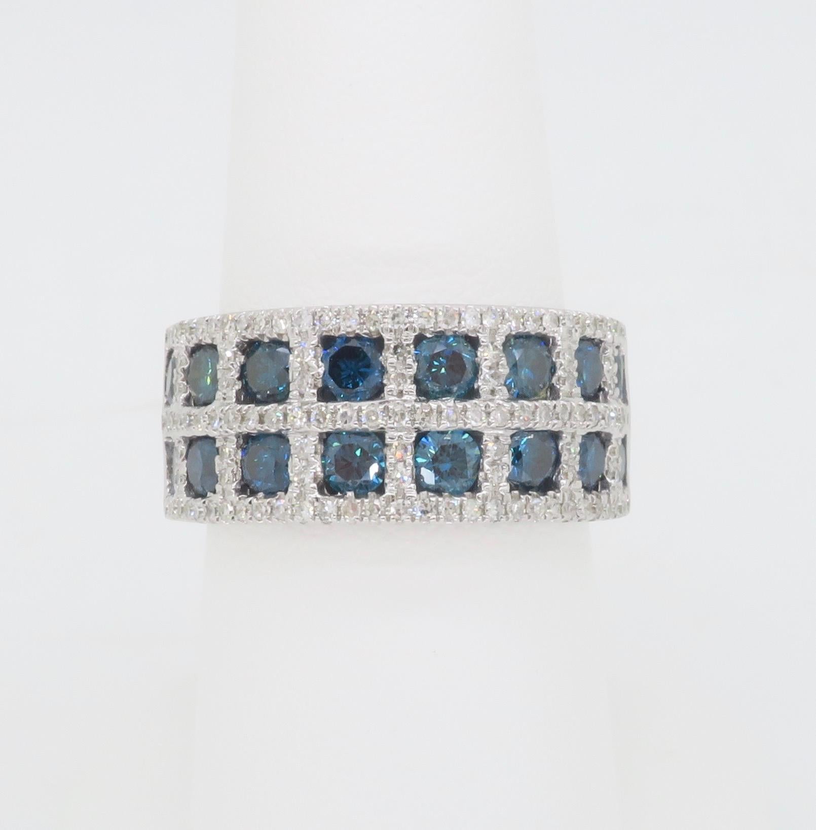 Round Cut 3.24CTW Blue & White Diamond Checkerboard Ring  For Sale