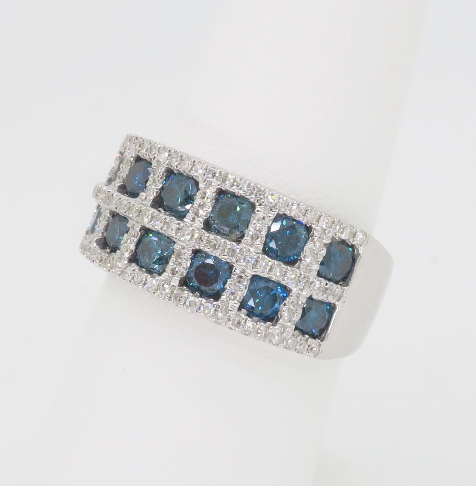 Women's or Men's 3.24CTW Blue & White Diamond Checkerboard Ring  For Sale