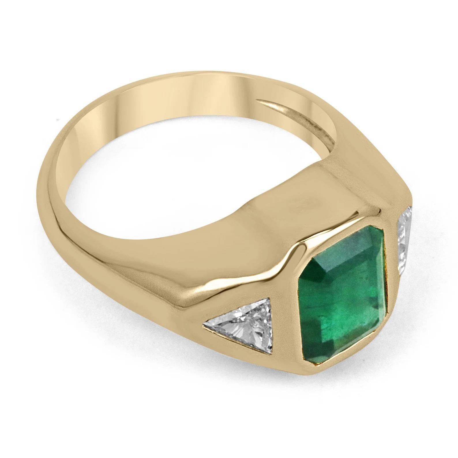 Featured here is a breathtaking, emerald and diamond gypsy ring. The center stone is a stunning AAA+ fine quality, 2.86-carat, natural emerald-emerald cut. This gemstone displays vivid green color and excellent luster. Accented on the sides are two