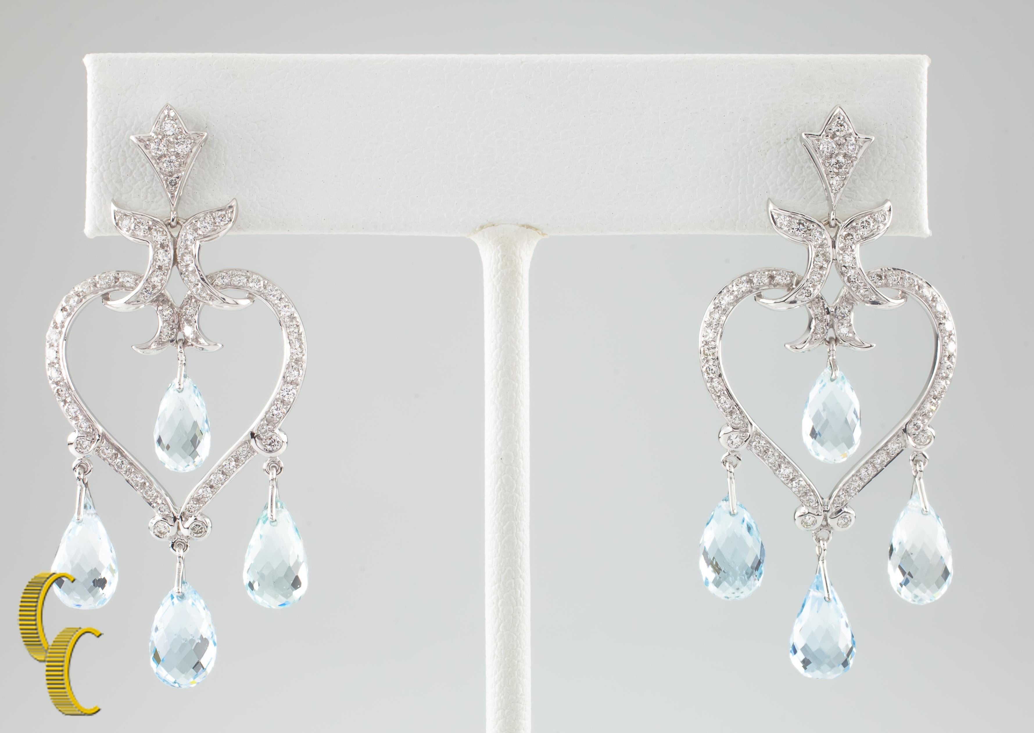 Round Cut 3.25 Carat Aquamarine & Diamond 18k White Gold Heart Shaped Chandelier Earrings