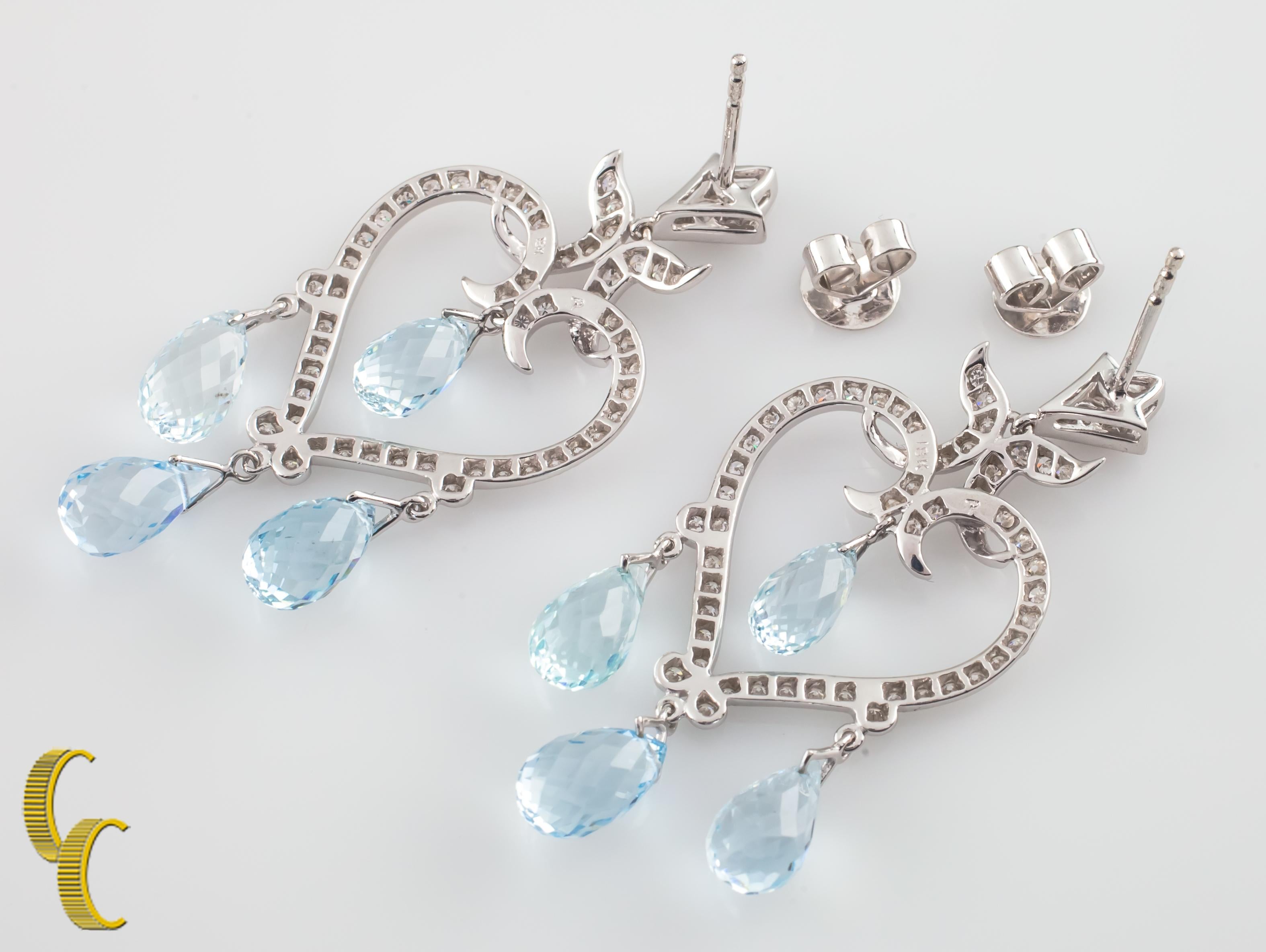 3.25 Carat Aquamarine & Diamond 18k White Gold Heart Shaped Chandelier Earrings In Good Condition In Sherman Oaks, CA