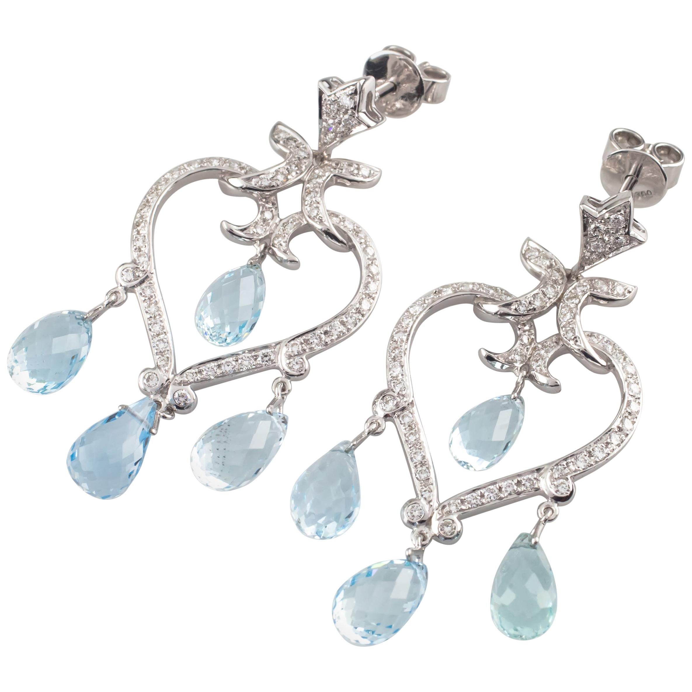 3.25 Carat Aquamarine & Diamond 18k White Gold Heart Shaped Chandelier Earrings