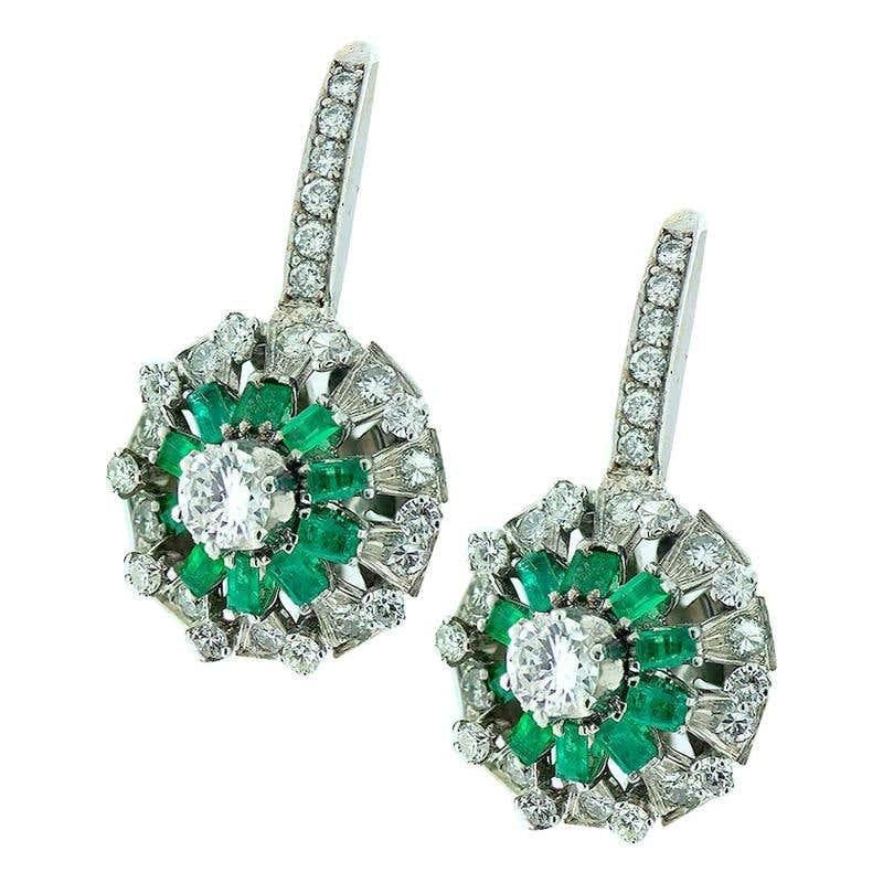 Baguette Cut 3.25 Carat Emerald and Diamond Drop Earrings, circa 1960