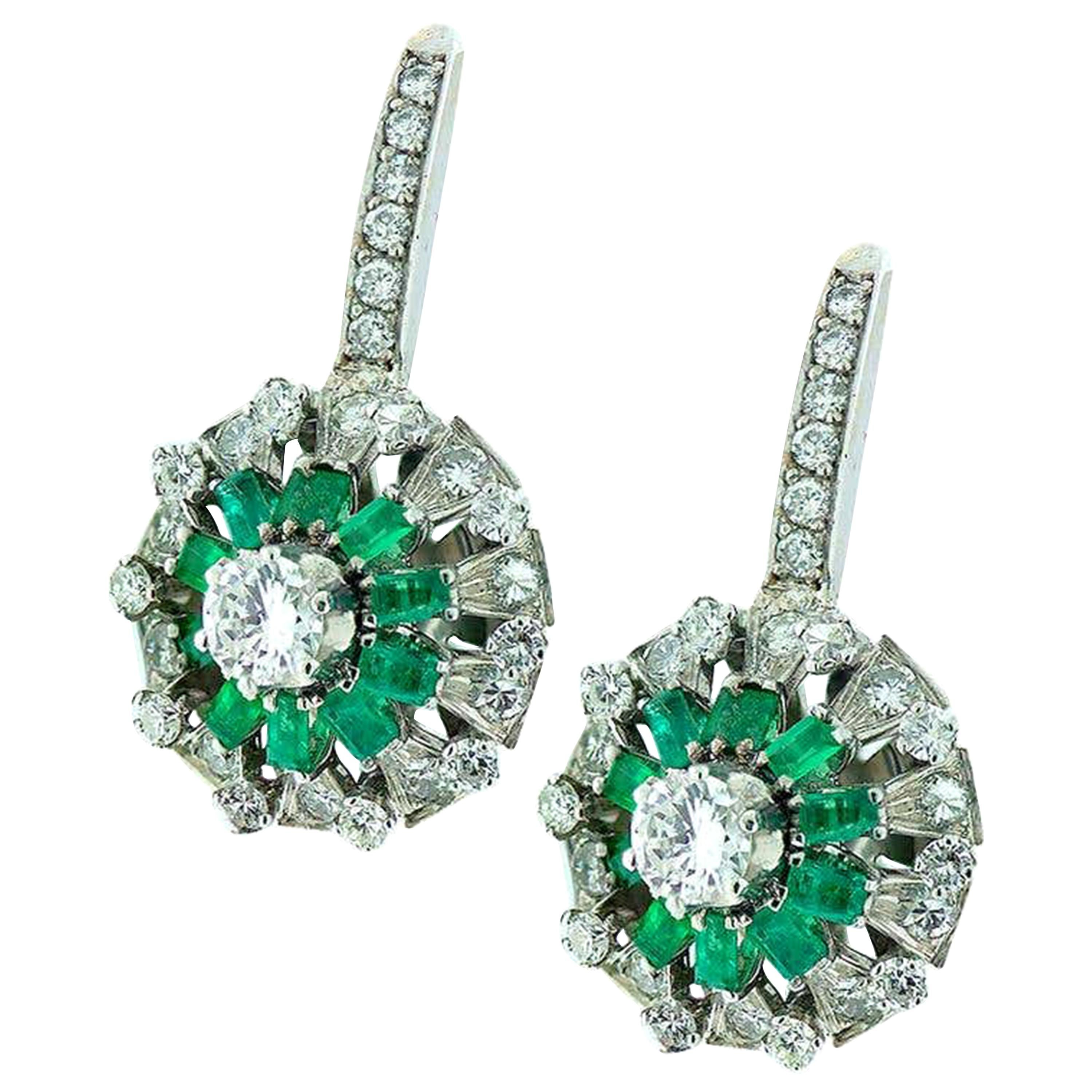 3.25 Carat Emerald and Diamond Drop Earrings, circa 1960