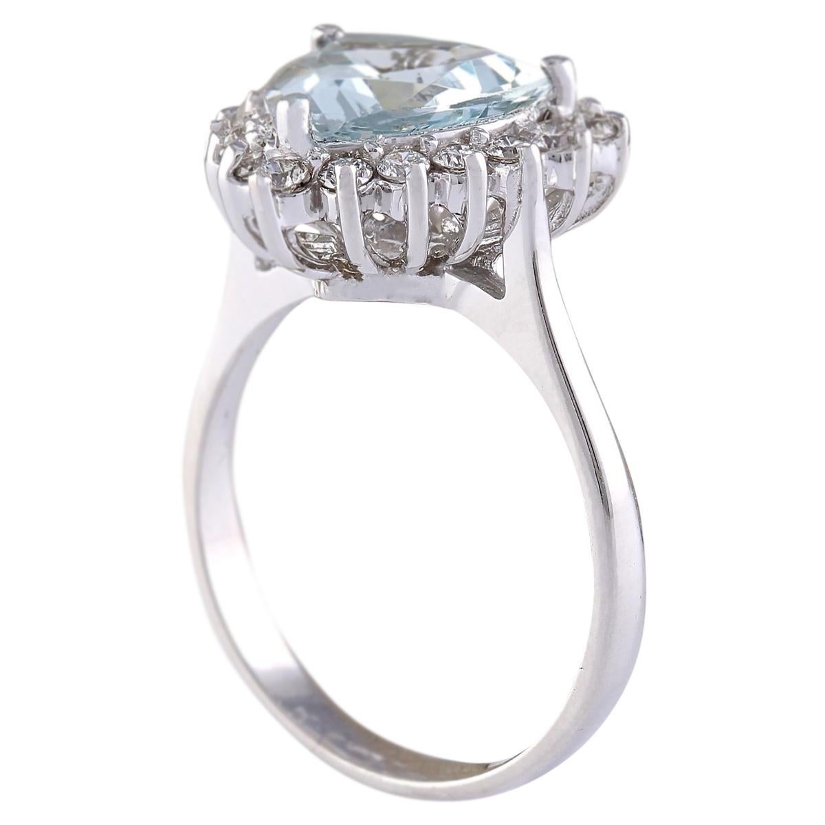 Trillion Cut Natural Aquamarine Diamond Ring In 14 Karat White Gold  For Sale