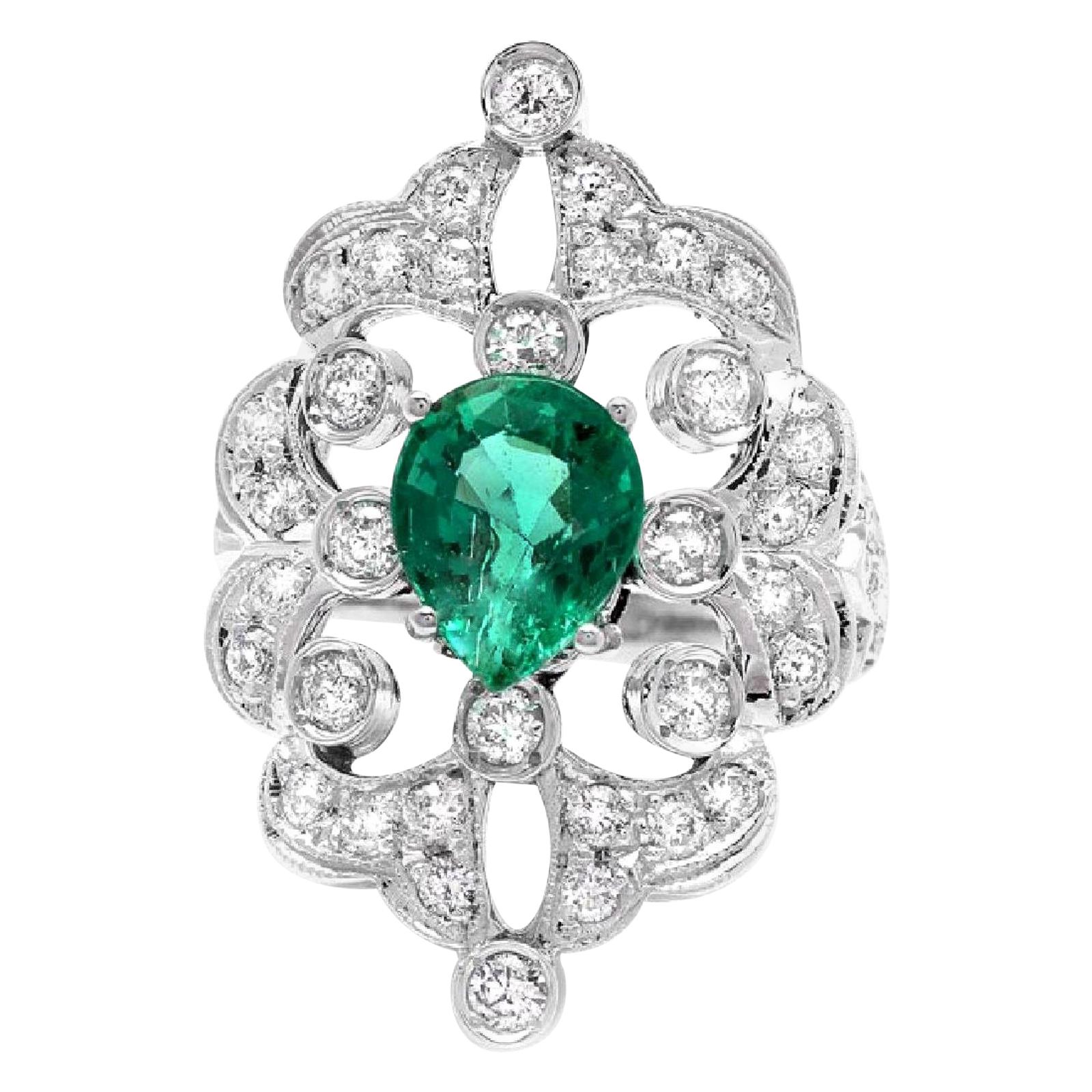 3.25 Carat Natural Emerald and Diamond 14 Karat Solid White Gold Ring For Sale