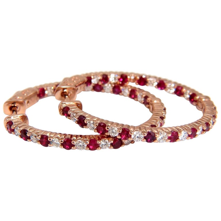 3.25 Carat Natural Vivid Red Ruby Diamond Hoop Earrings 14 Karat Rose