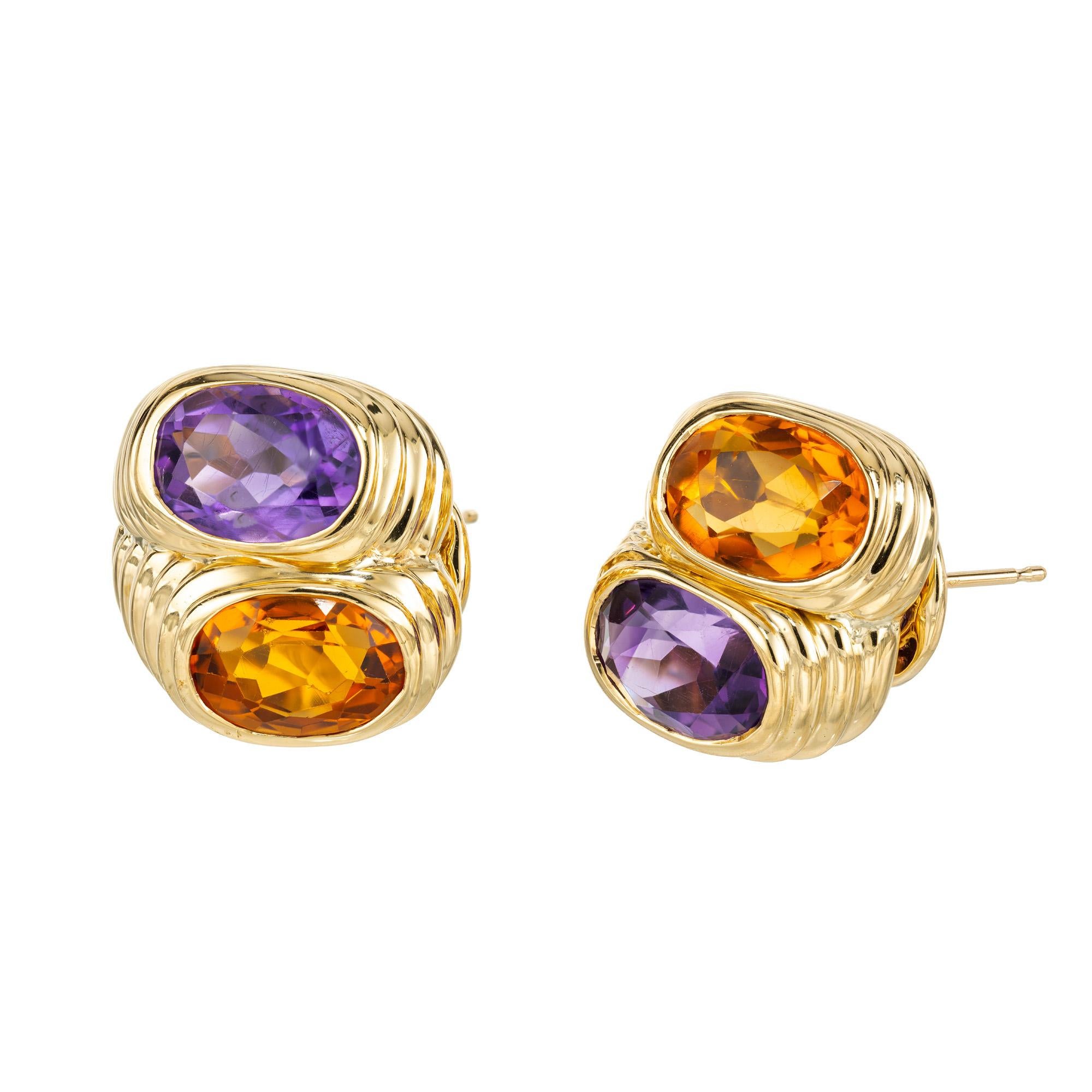 Oval Cut 3.25 Carat Oval Amethyst Citrine Yellow Gold Mid Century Clip Post Earrings  For Sale