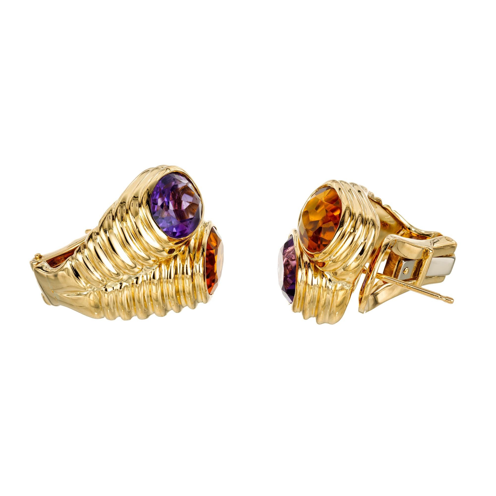 3.25 Carat Oval Amethyst Citrine Yellow Gold Mid Century Clip Post Earrings  In Good Condition For Sale In Stamford, CT