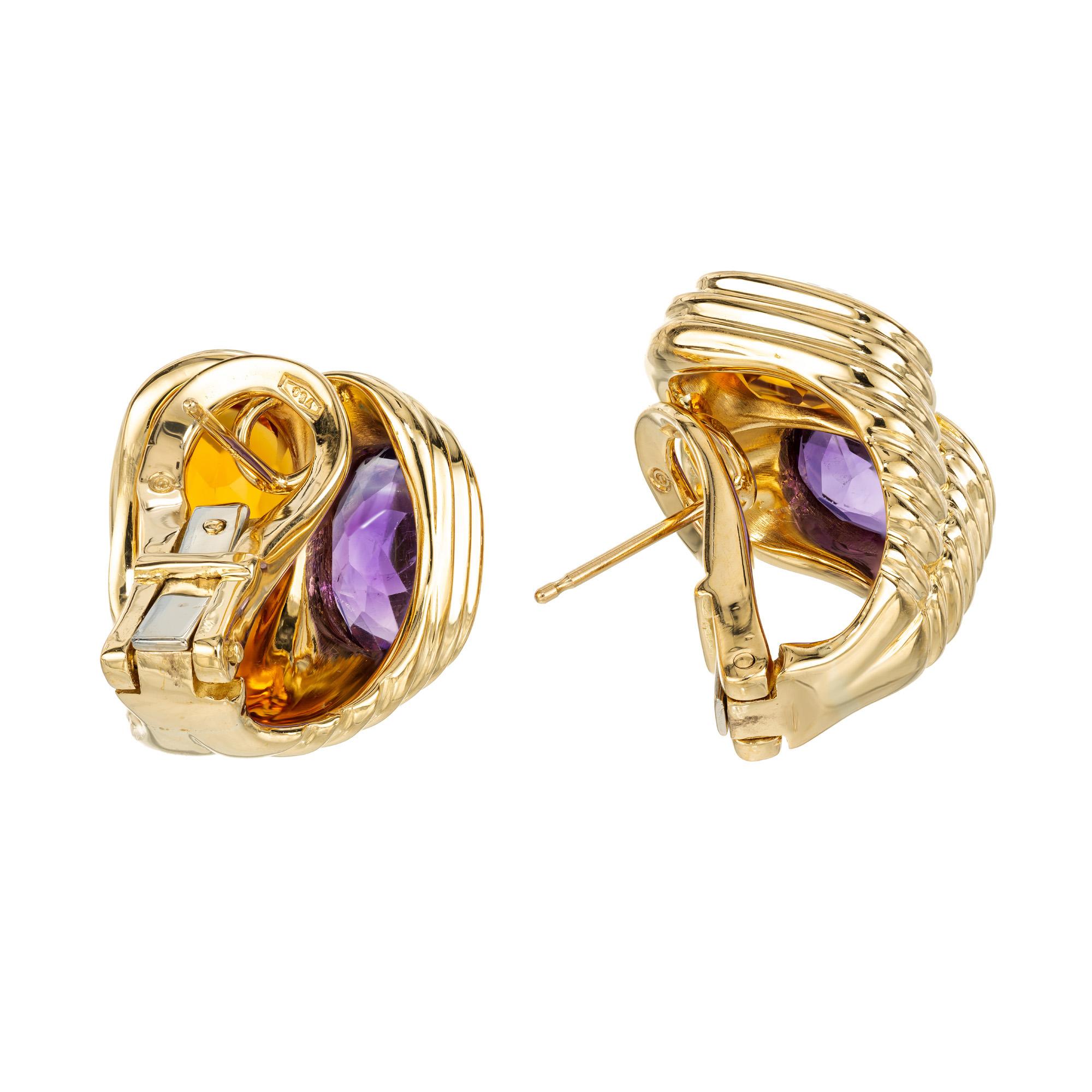 Women's 3.25 Carat Oval Amethyst Citrine Yellow Gold Mid Century Clip Post Earrings  For Sale