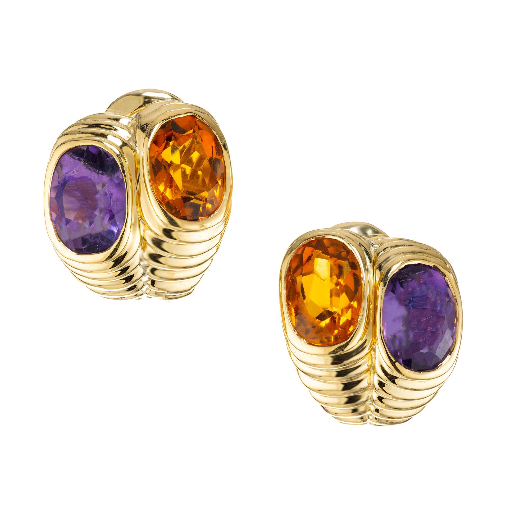 3.25 Carat Oval Amethyst Citrine Yellow Gold Mid Century Clip Post Earrings  For Sale