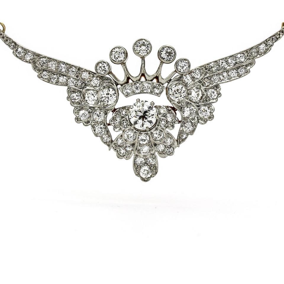 Old Mine Cut 3.25 Carat Platinum 18k Gold Diamond Art Deco Crown with Wings Pendant Necklace For Sale