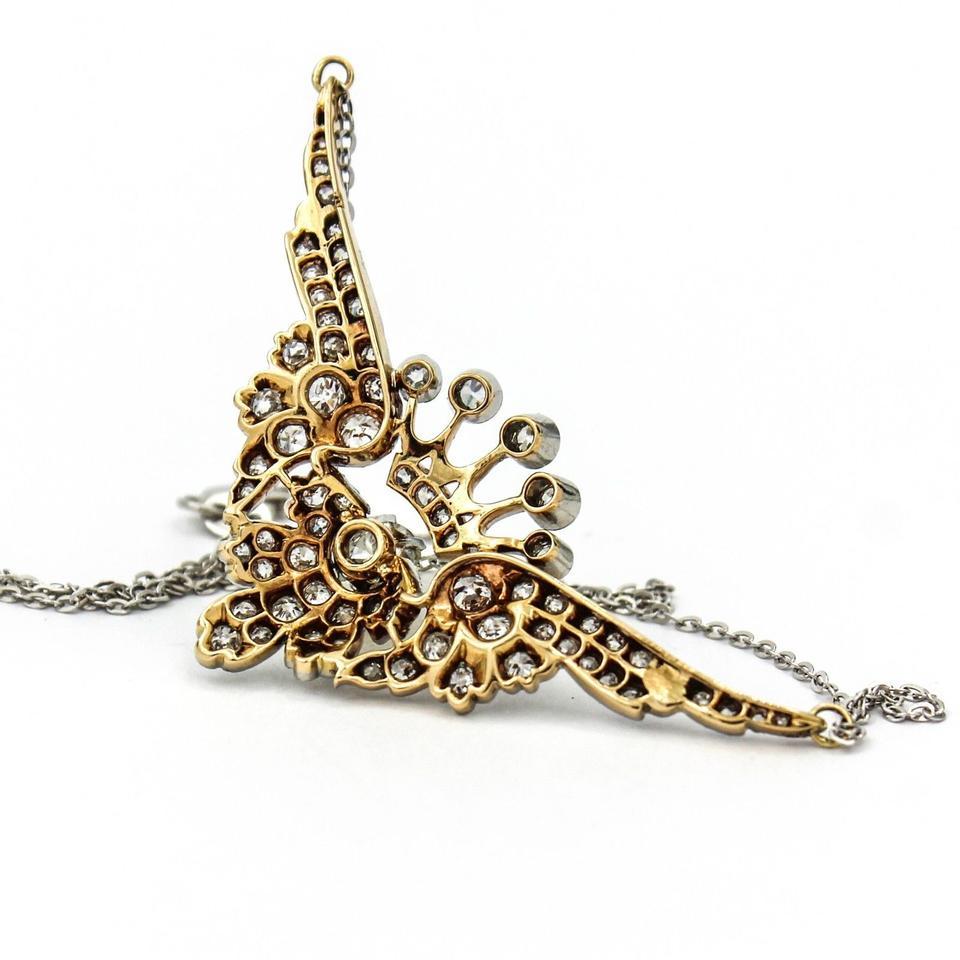 Women's 3.25 Carat Platinum 18k Gold Diamond Art Deco Crown with Wings Pendant Necklace For Sale