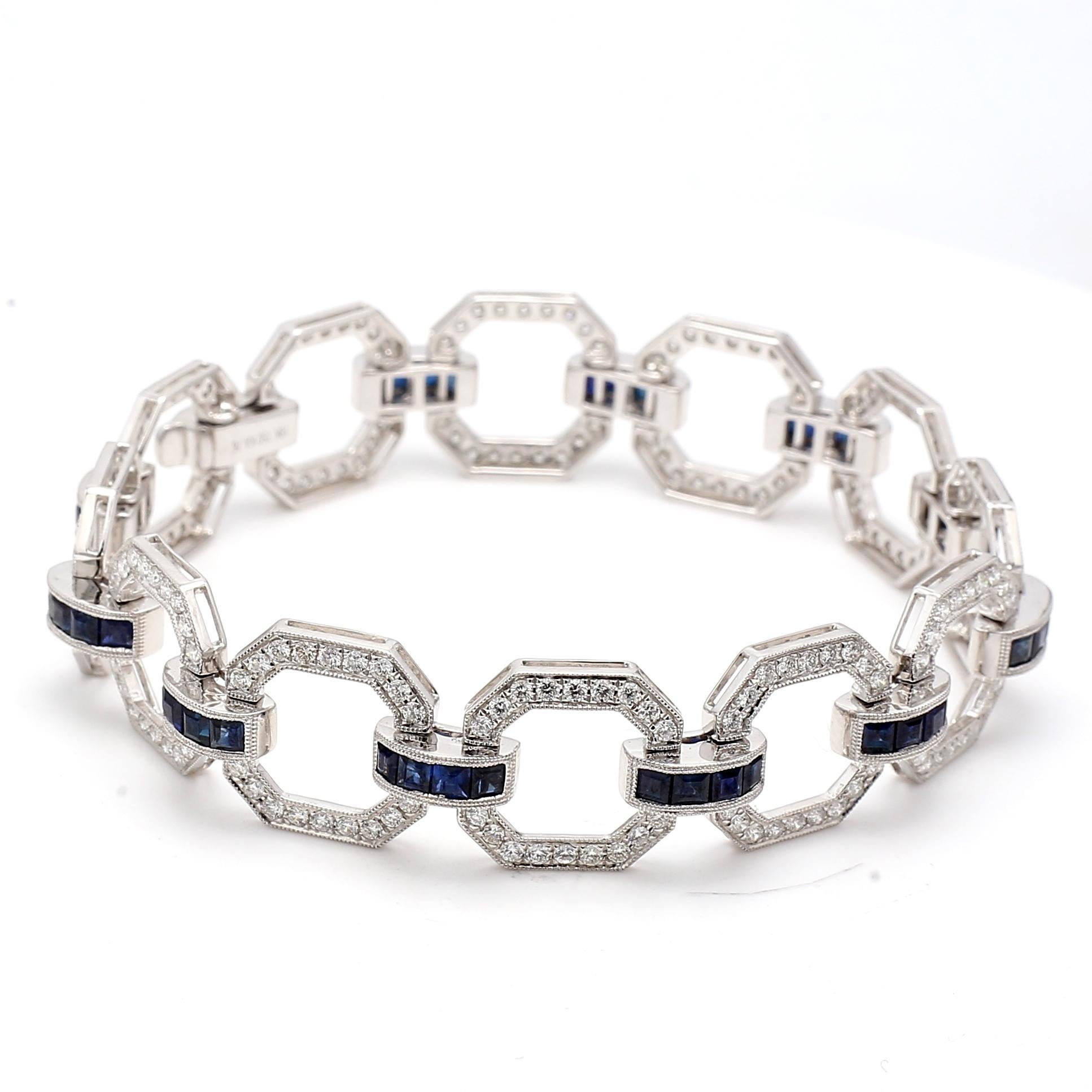 Title:
3.25 Carat Round Brilliant G I1 Diamond 2.50 Carat Princess Cut Sapphire 18 Karat White Gold Link Bracelet


Style:
Link


Metal:
18 Karat White Gold


Gemstone 1:
3.25 Carat Diamond


Number of