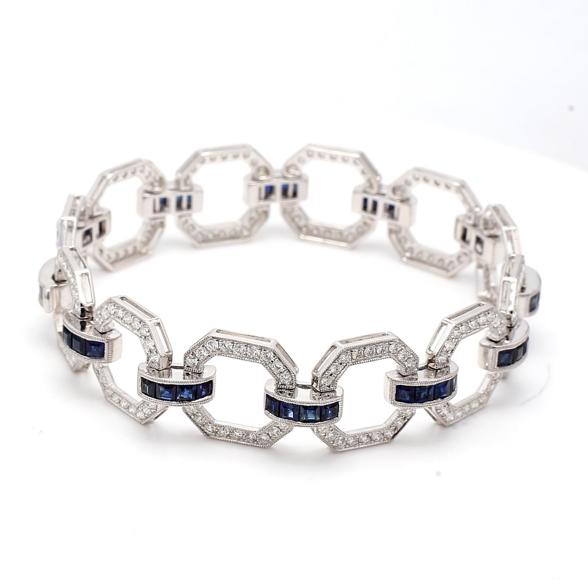 Brilliant Cut 3.25 Carat Round Diamond 2.50 Carat Sapphire 18K White Gold Link Bracelet For Sale