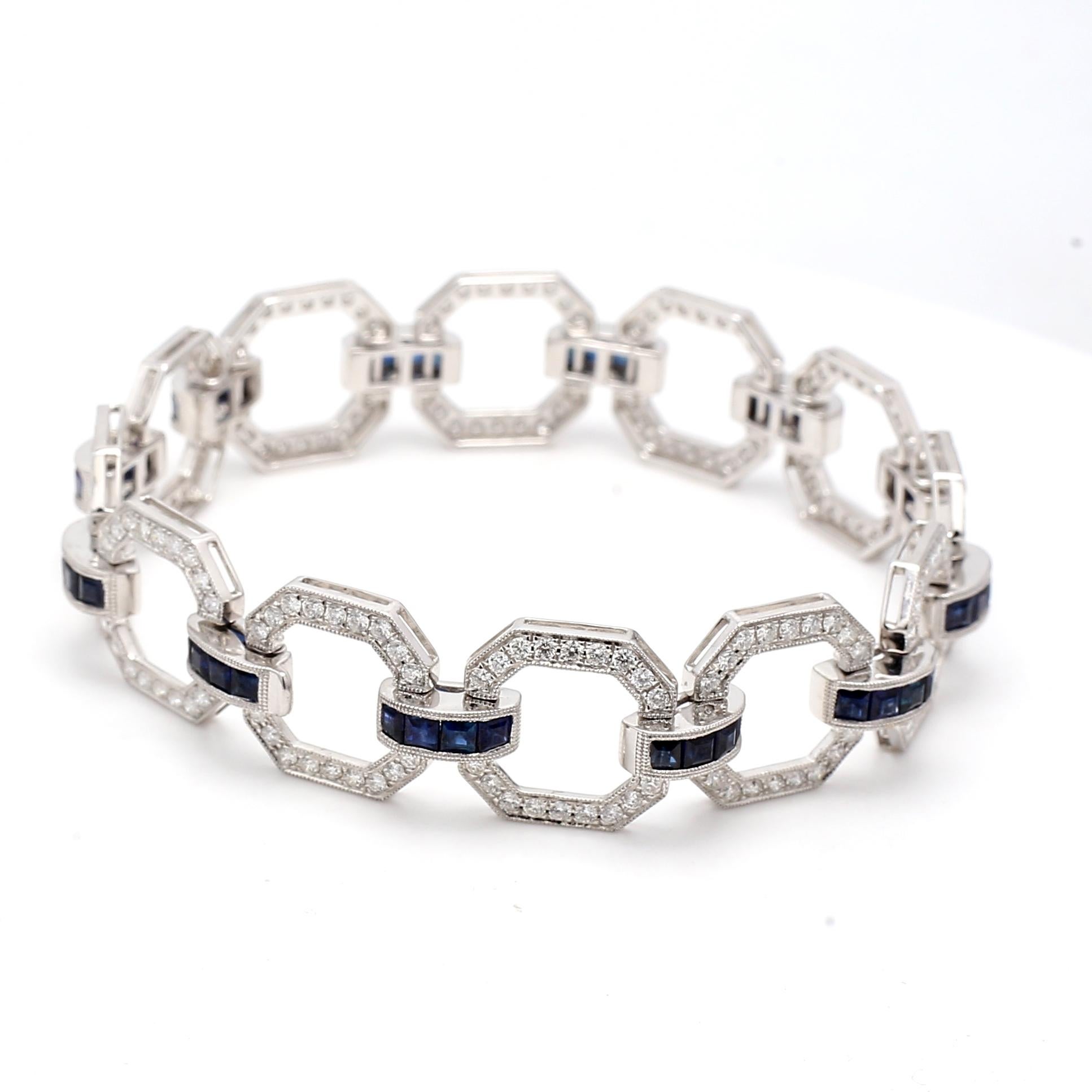 3.25 Carat Round Diamond 2.50 Carat Sapphire 18K White Gold Link Bracelet In Good Condition For Sale In New York, NY