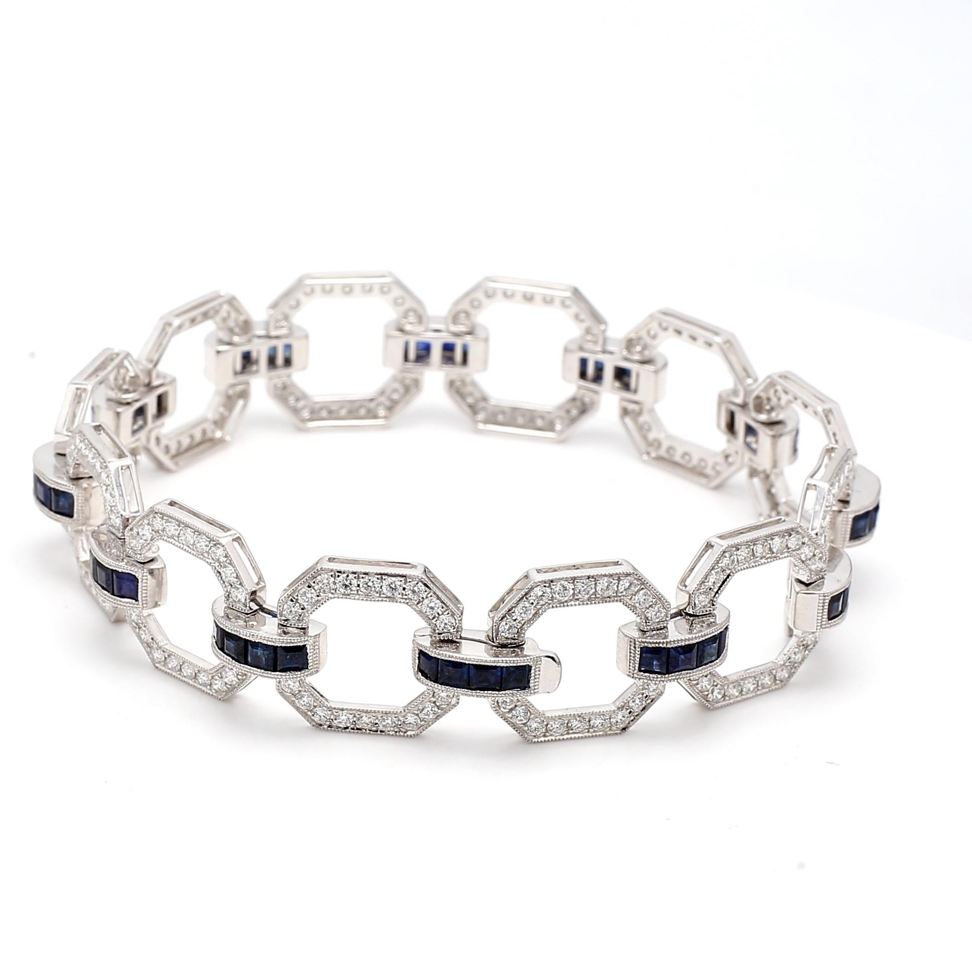 Women's 3.25 Carat Round Diamond 2.50 Carat Sapphire 18K White Gold Link Bracelet For Sale