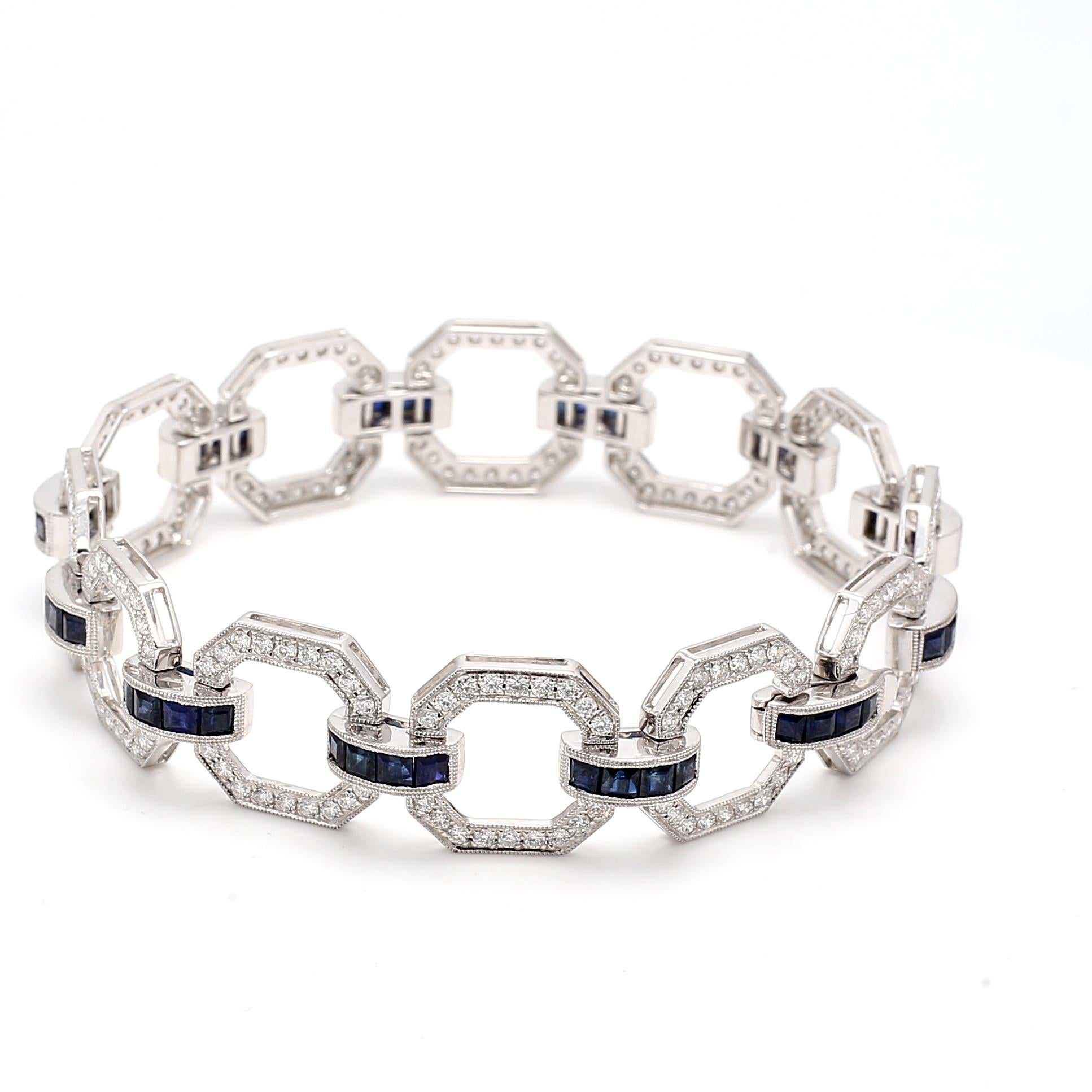 3.25 Carat Round Diamond 2.50 Carat Sapphire 18K White Gold Link Bracelet For Sale 1