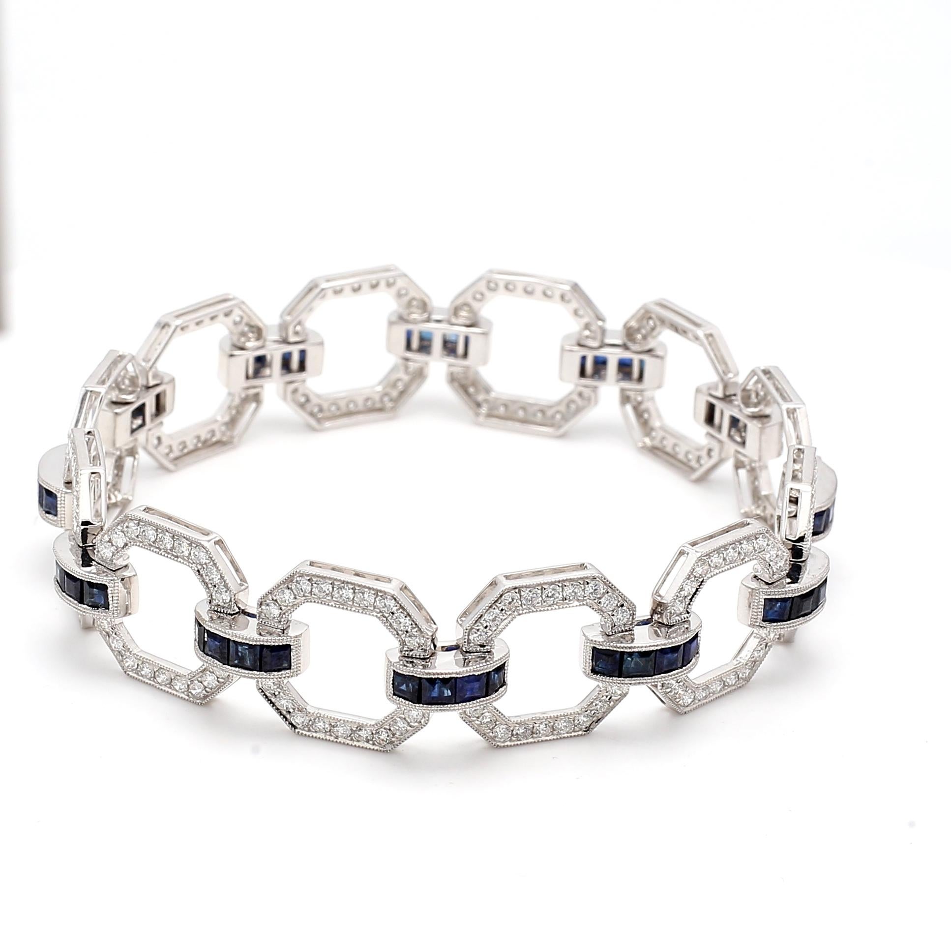 3.25 Carat Round Diamond 2.50 Carat Sapphire 18K White Gold Link Bracelet For Sale 2