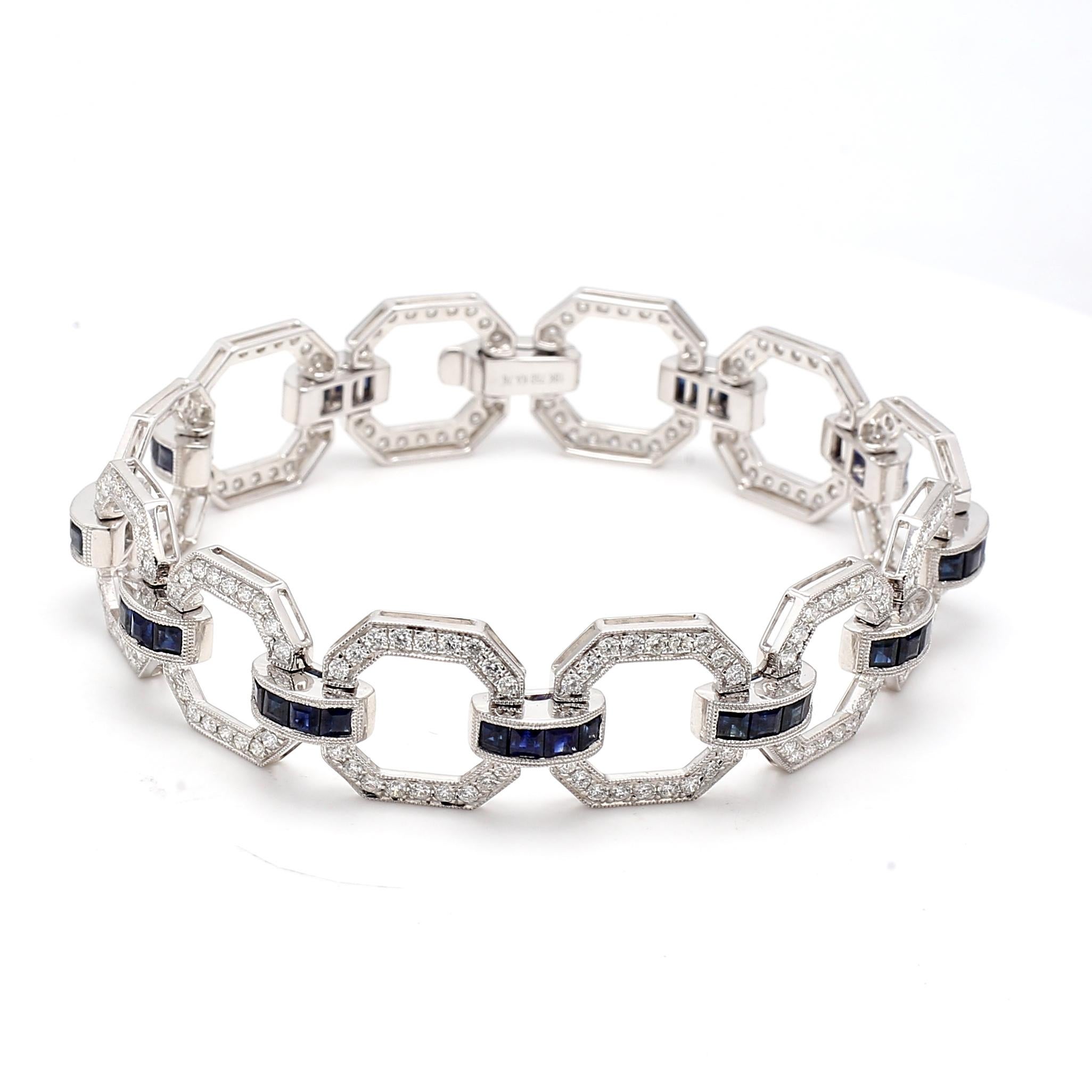 3.25 Carat Round Diamond 2.50 Carat Sapphire 18K White Gold Link Bracelet For Sale 4