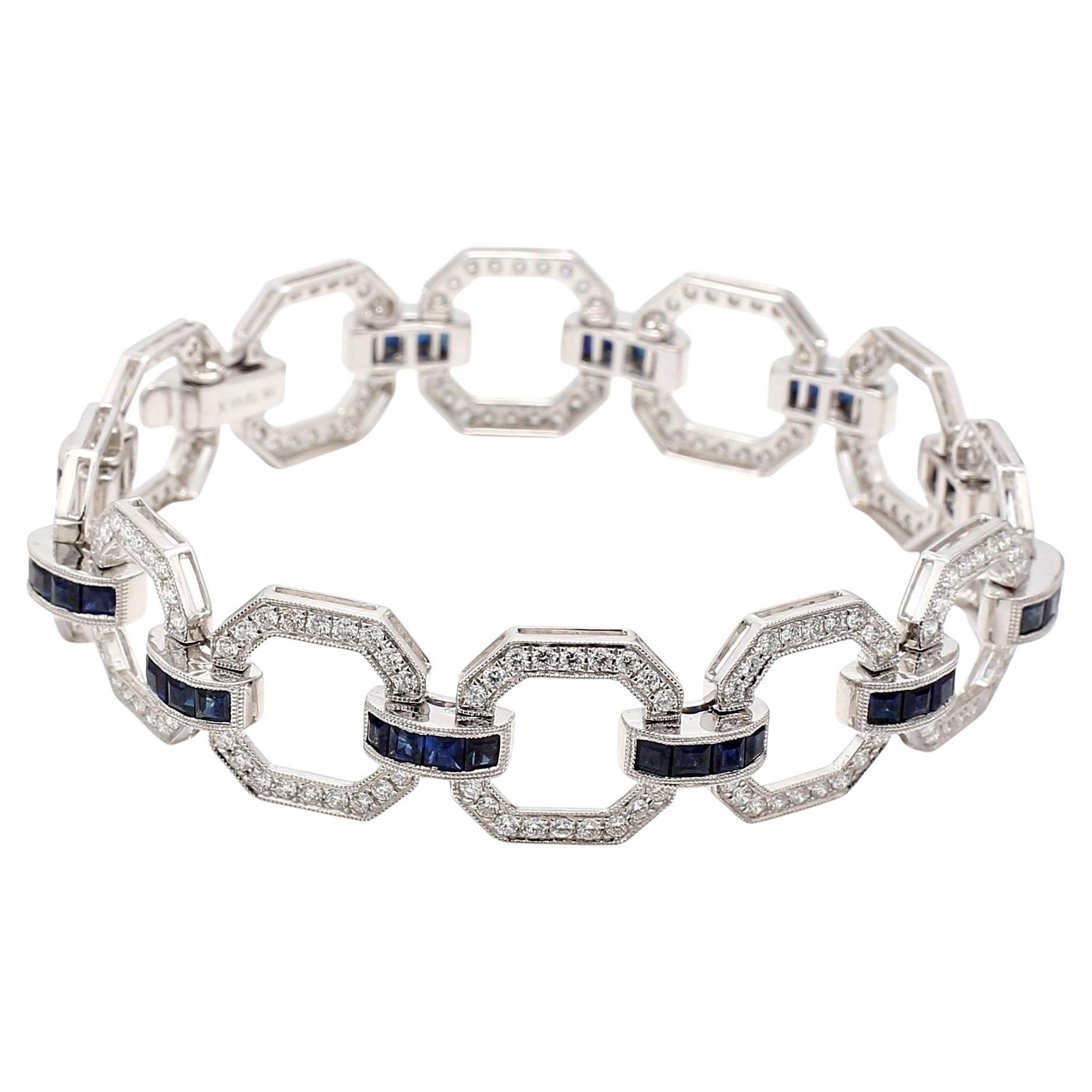 3.25 Carat Round Diamond 2.50 Carat Sapphire 18K White Gold Link Bracelet For Sale