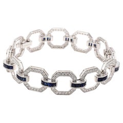 3.25 Carat Round Diamond 2.50 Carat Sapphire 18K White Gold Link Bracelet