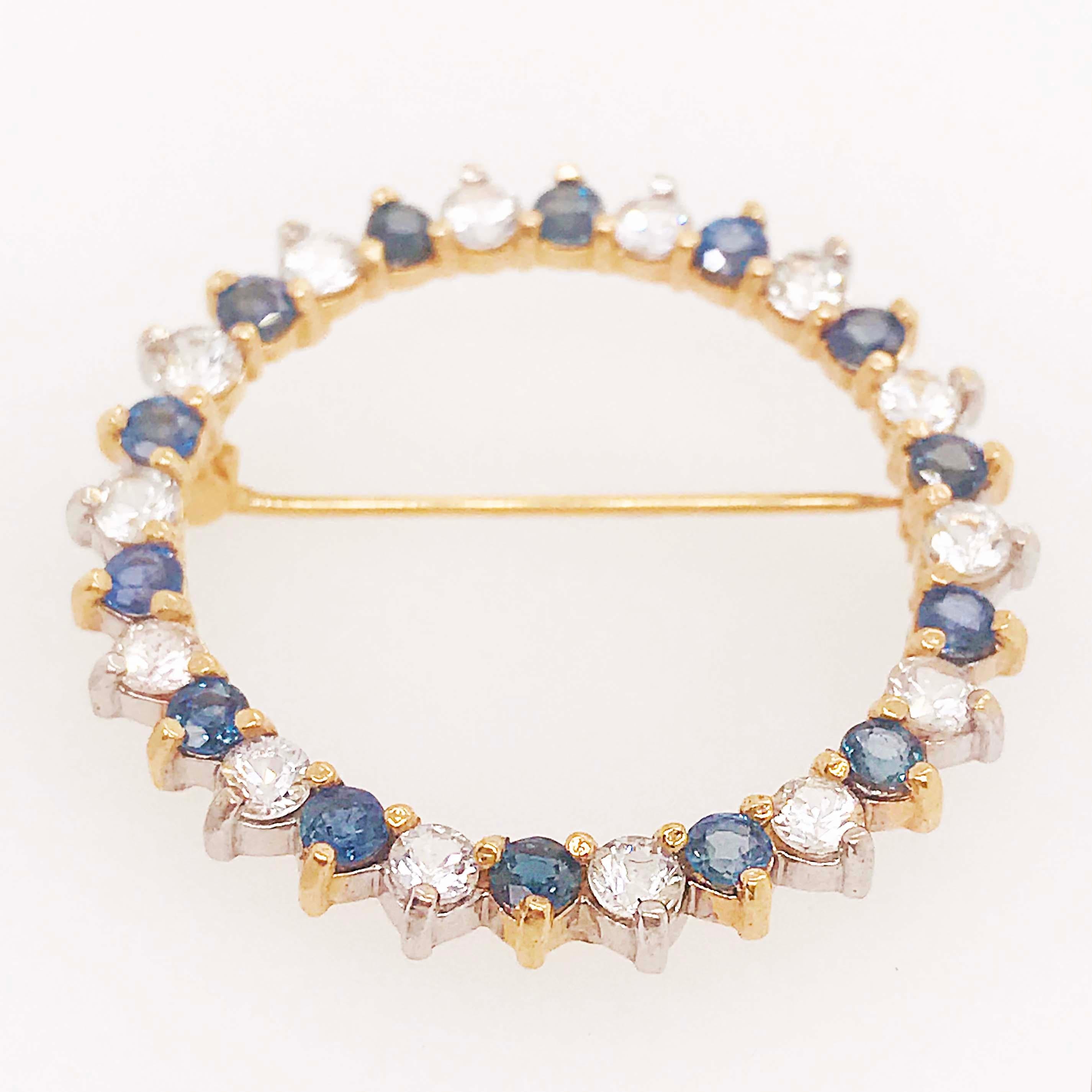 Round Cut Diamond and Sapphire Brooch, Blue, 3.25 Carat 14 Karat Yellow Gold Brooch/Pin