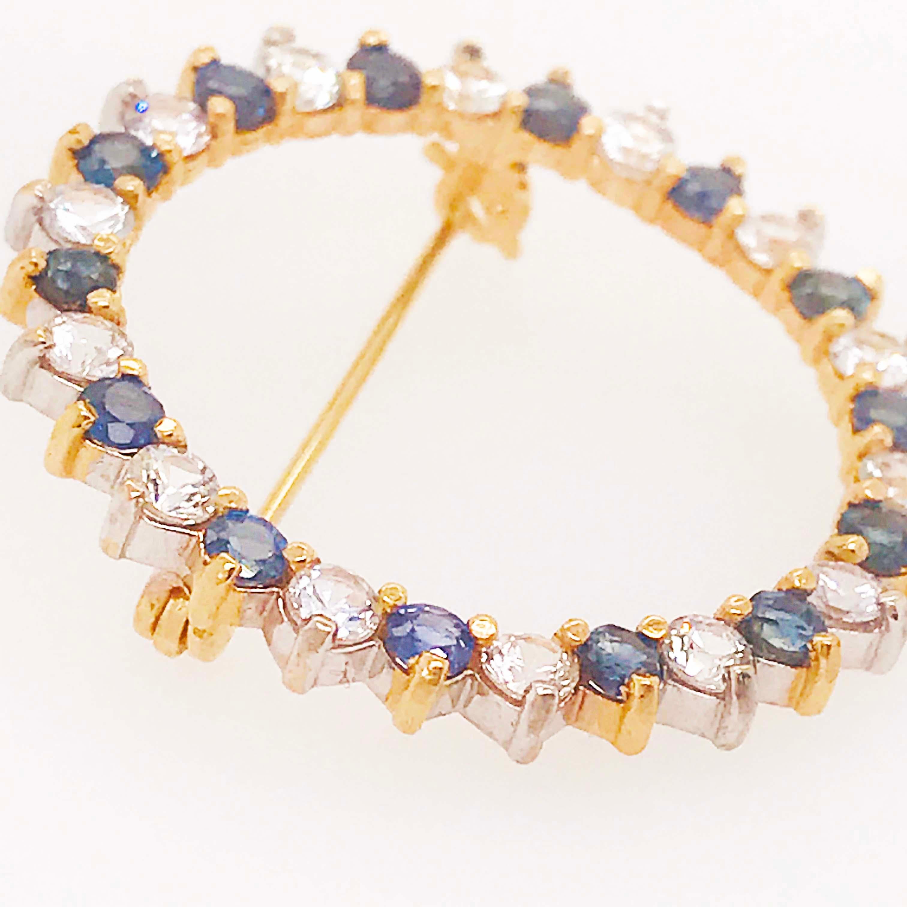 Women's Diamond and Sapphire Brooch, Blue, 3.25 Carat 14 Karat Yellow Gold Brooch/Pin
