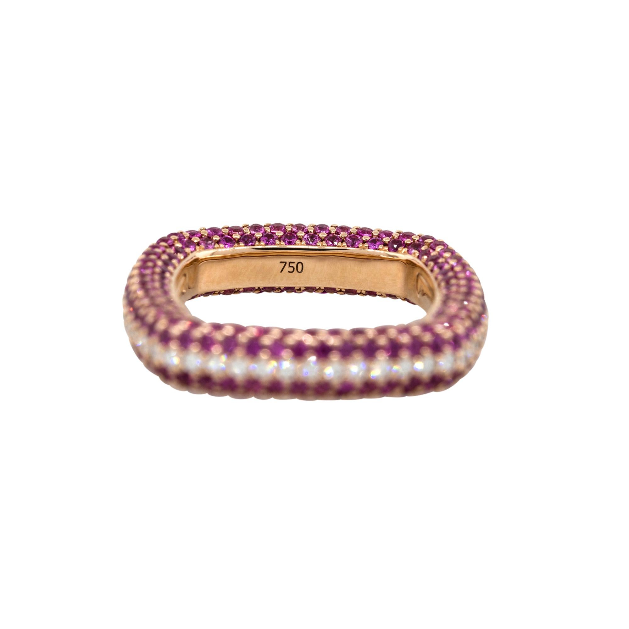 Material: 18k rose gold
Diamond details: Approx. 0.51ctw of round cut diamonds. Diamonds are G/H in color and VS in clarity
Gemstone details: Approx. 3.25ctw  of round cut pink sapphires
Ring Size: 6.5 
Total Weight: 7.1g (4.6dwt)
Measurements: 1