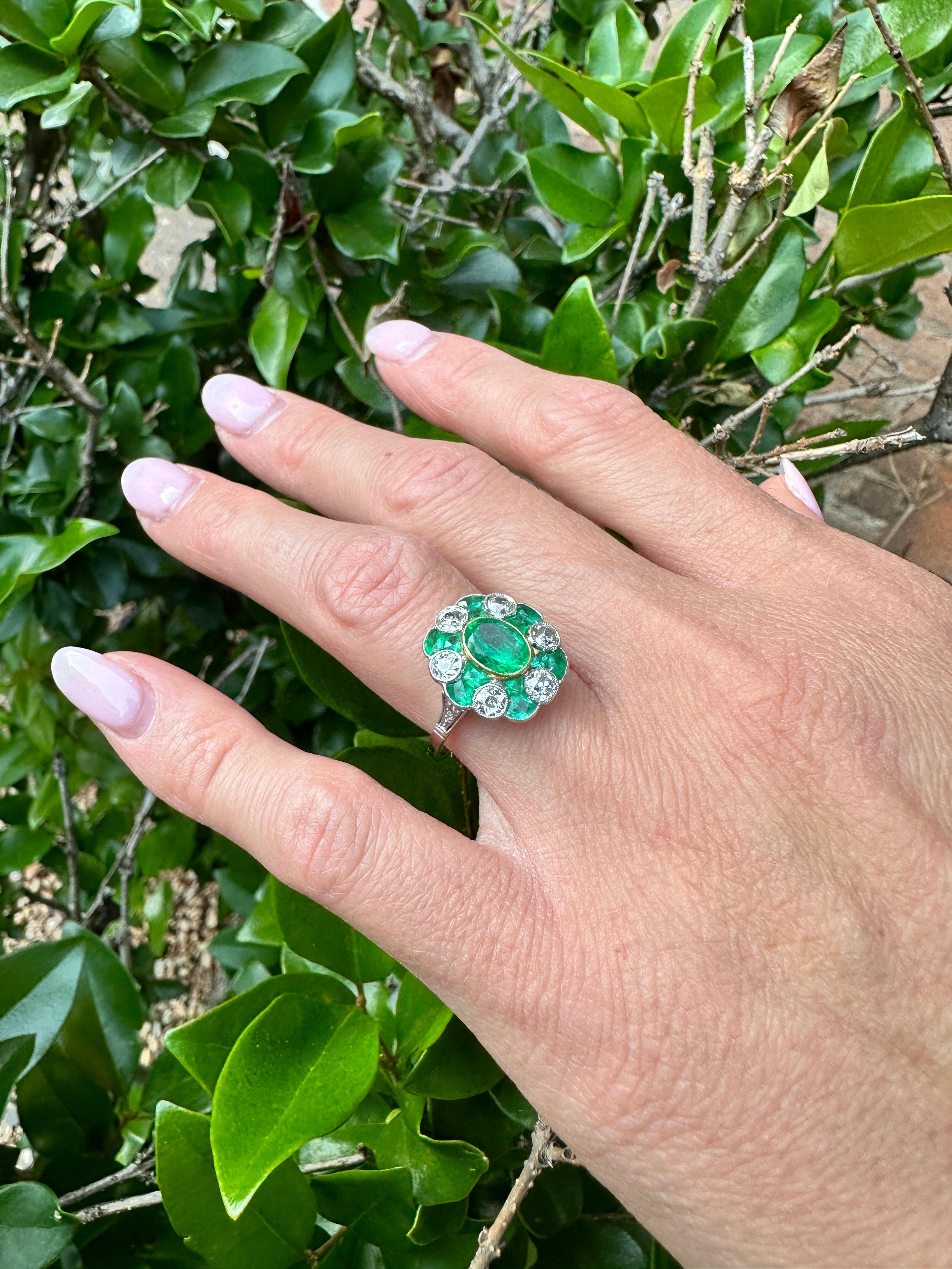 3.25 Carat Total AGL Certified Colombian Emerald Antique Ring Old Mine Diamonds In Good Condition For Sale In Houston, TX