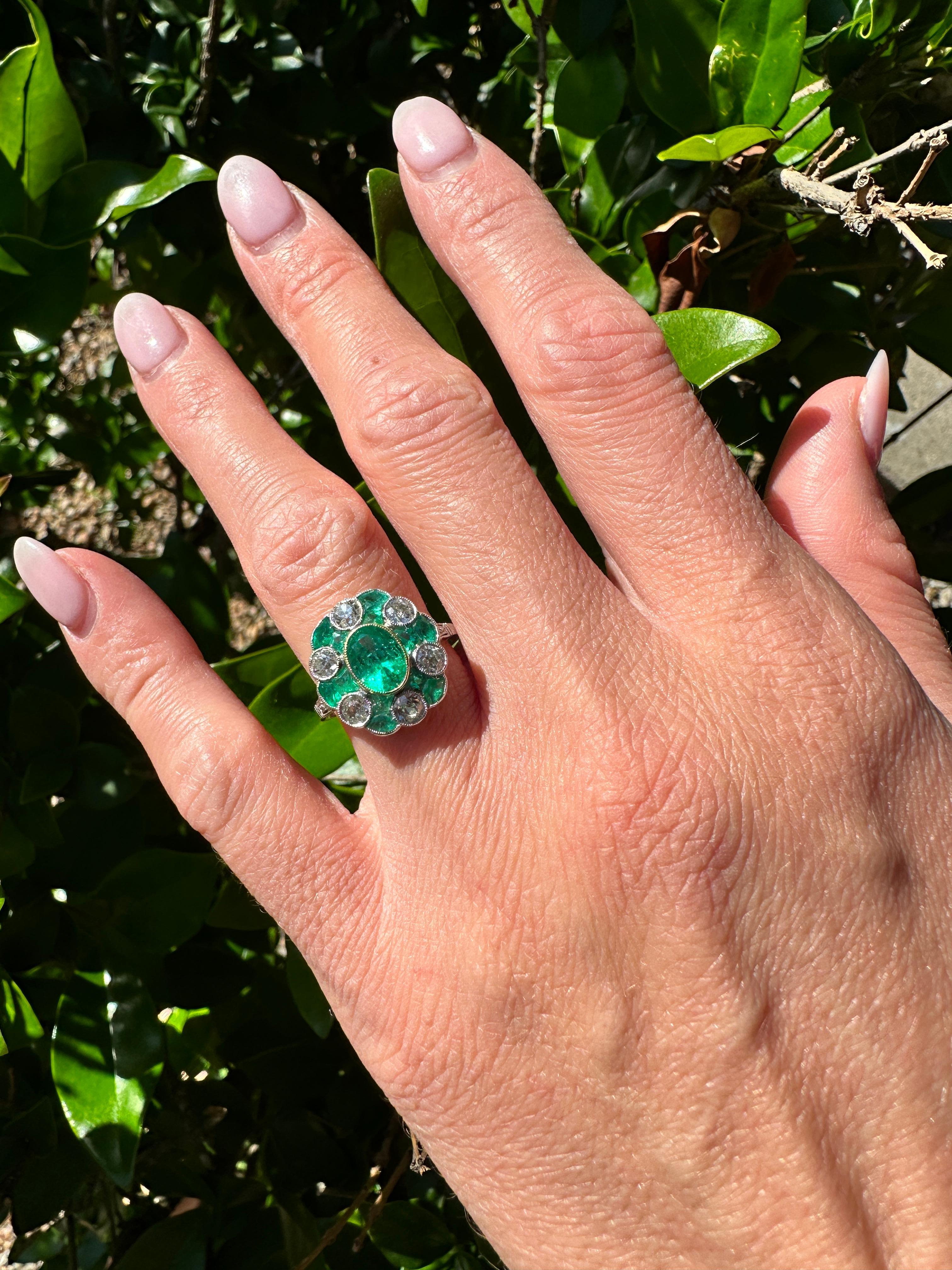 Women's or Men's 3.25 Carat Total AGL Certified Colombian Emerald Antique Ring Old Mine Diamonds For Sale