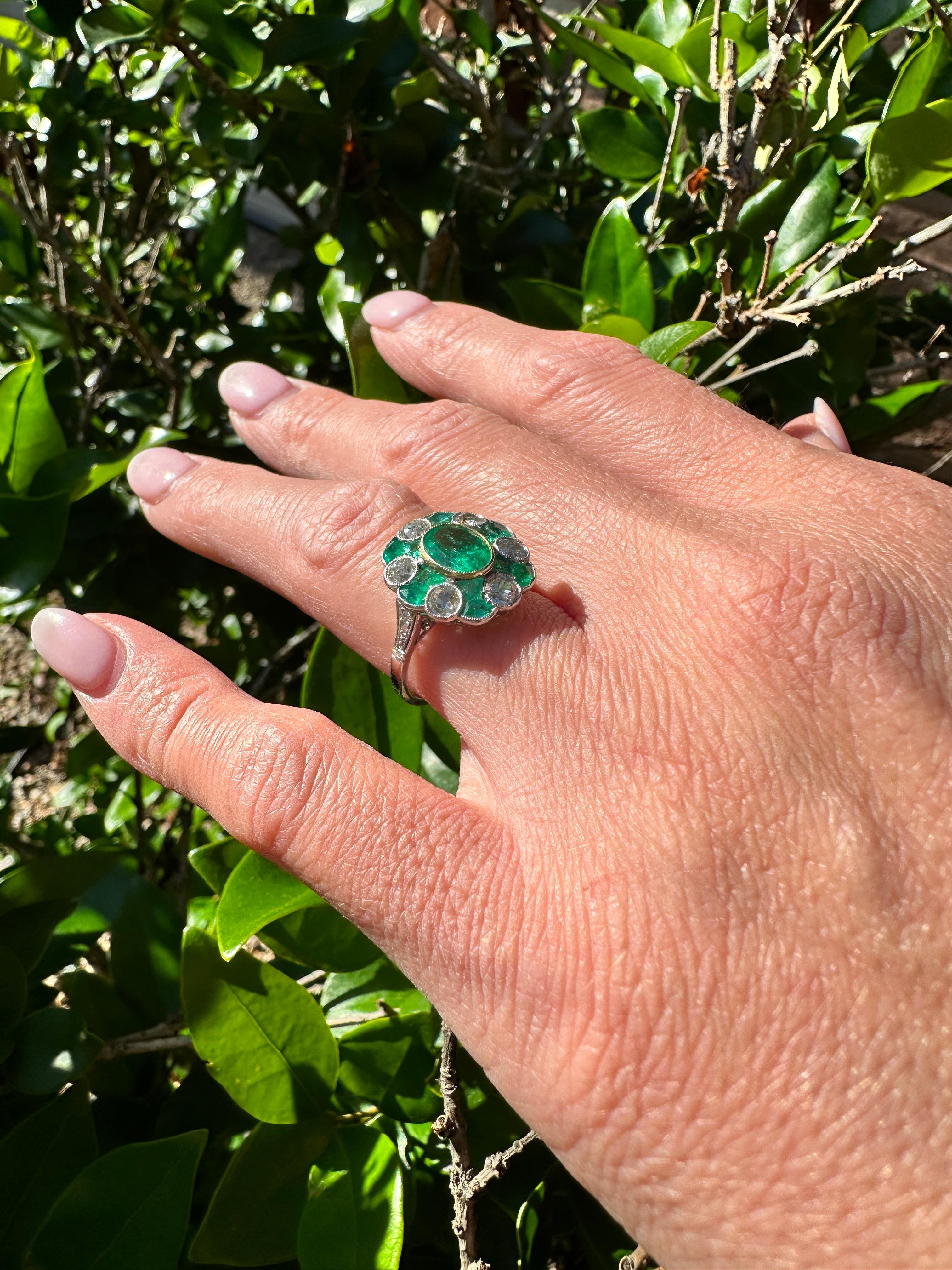 3.25 Carat Total AGL Certified Colombian Emerald Antique Ring Old Mine Diamonds For Sale 1