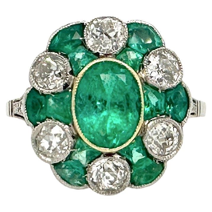 3.25 Carat Total AGL Certified Colombian Emerald Antique Ring Old Mine Diamonds For Sale