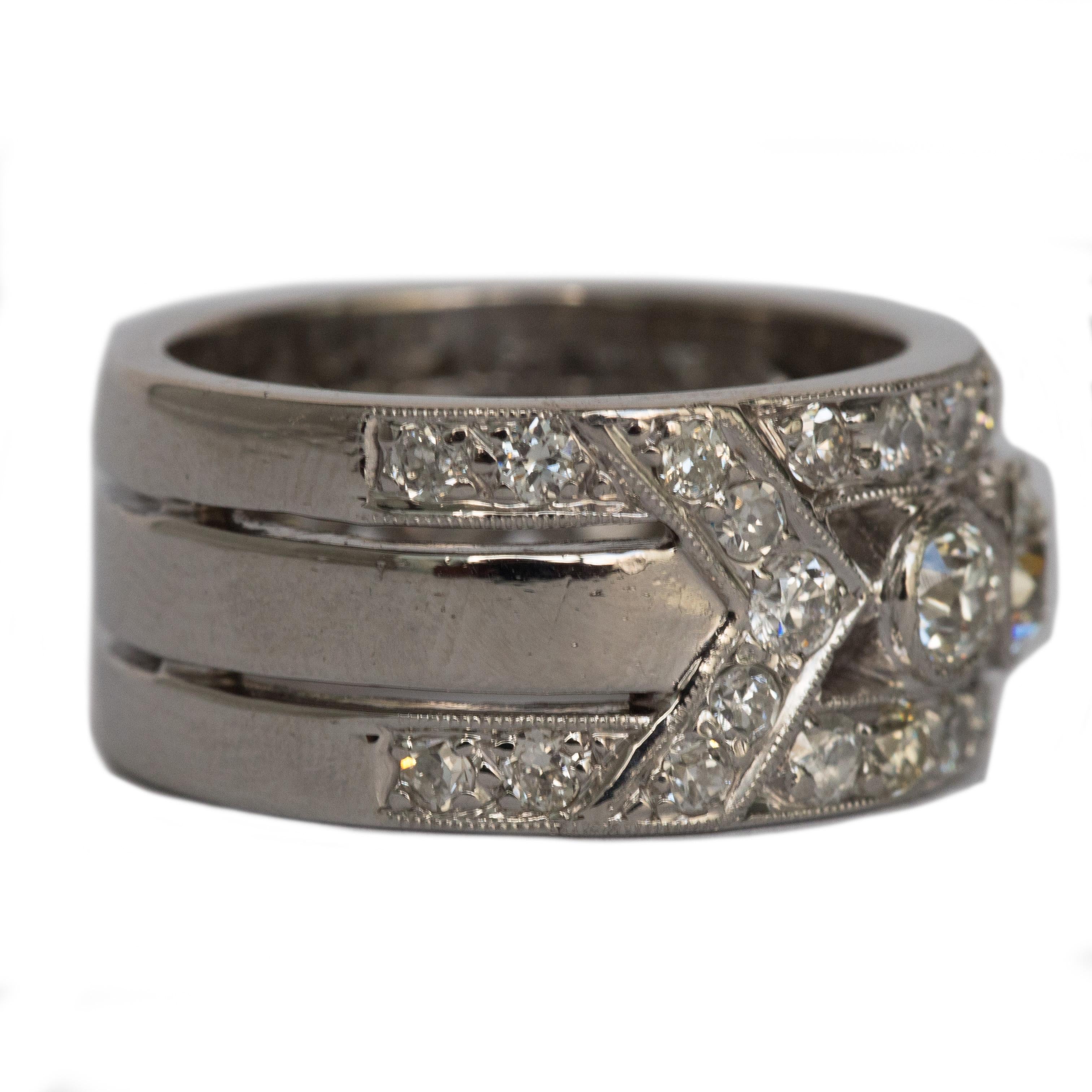Ring Size: 6
Metal Type: Platinum
Weight: 15.0 grams

Diamond Details
Shape: Old European Brilliant and Antique Single Cut 
Carat Weight: 3.25 carat, total weight
Color: G
Clarity: VS

Finger to Top of Stone Measurement: 2.25mm
Width: 9.73mm