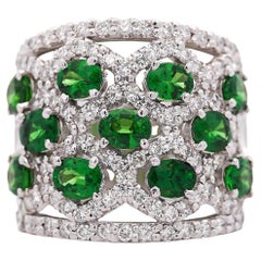 3.25 Carat Tsavorite Garnet & Diamond Platinum Wavy Wide Band Ring