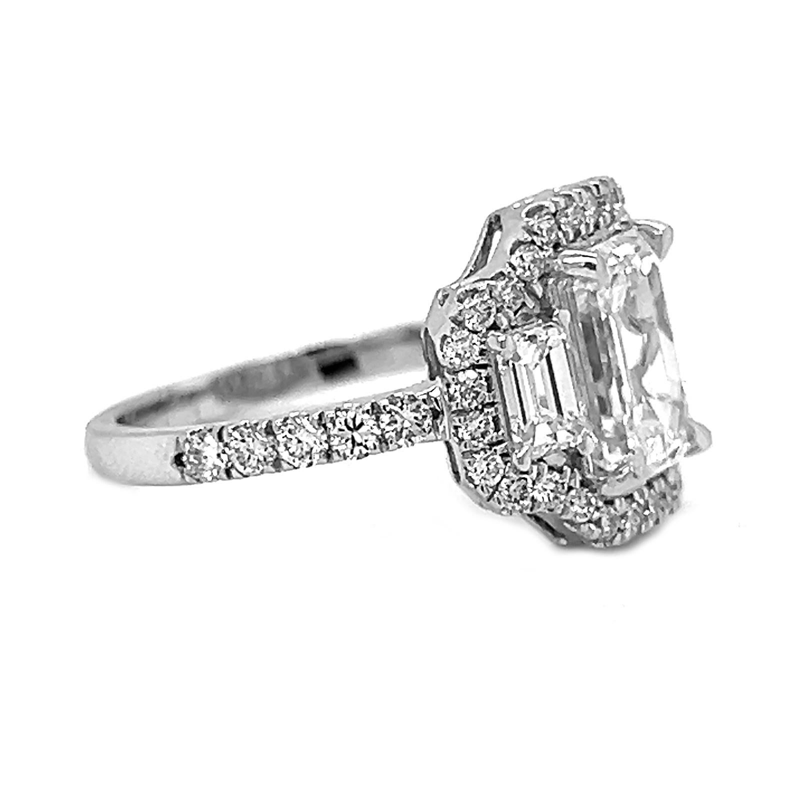 Emerald Cut 3.25 Carat T.W. Natural Mined 3 Stone Art Deco GIA Certified Diamond 14KT Ring For Sale
