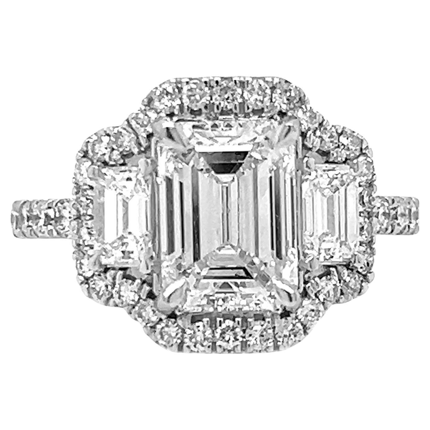 3.25 Carat T.W. Natural Mined 3 Stone Art Deco GIA Certified Diamond 14KT Ring For Sale