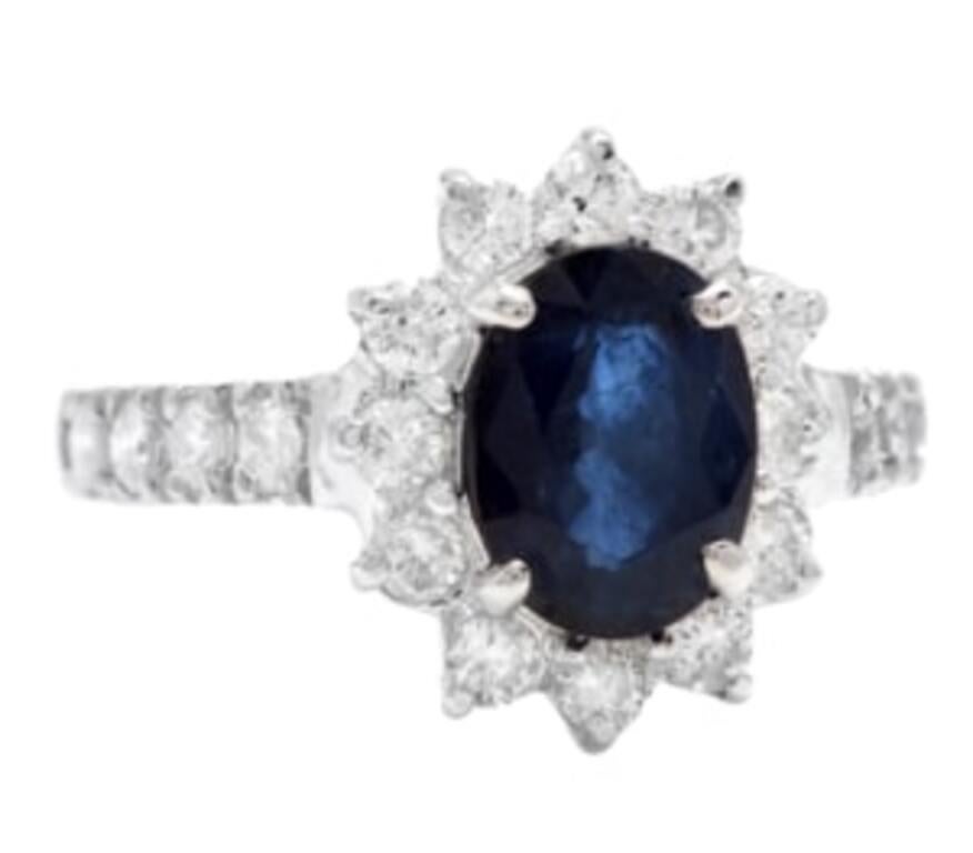 3.25 Carats Exquisite Natural Blue Sapphire and Diamond 14K Solid White Gold Ring

Total Blue Sapphire Weight is: 2.60 Carats (Diffused)

Sapphire Measures: 9.00 x 7.00mm

Natural Round Diamonds Weight: 0.65 Carats (color G-H / Clarity
