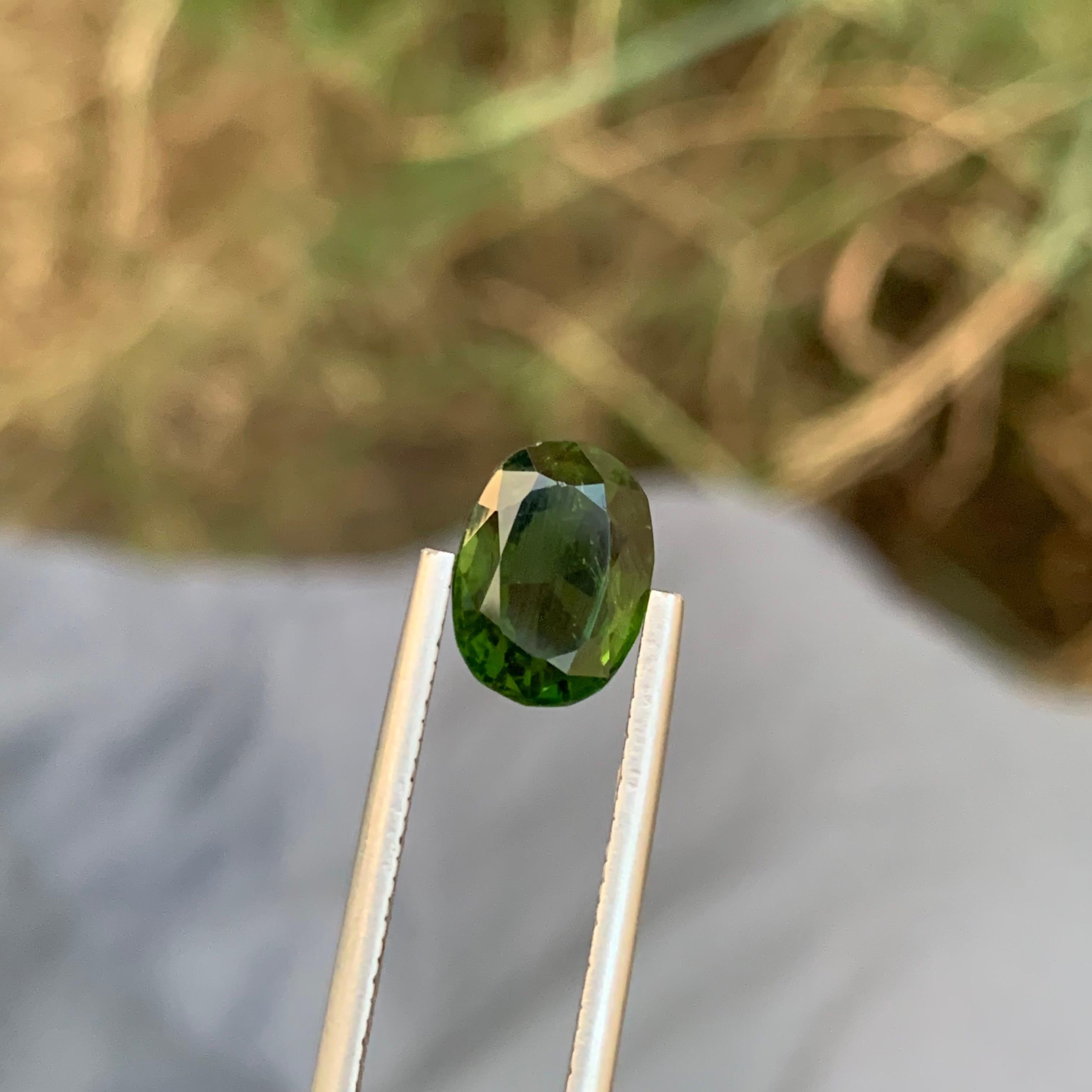 Faceted Tourmaline 
Weight: 3.25 Carats 
Dimension: 10.3x7.5x5.6 Mm
Origin: Africa 
Shape: Oval
Treatment: Non
Color: Dark Green
.
Dark green tourmaline, also known as chrome tourmaline, is a captivating variety of tourmaline that ranges in color