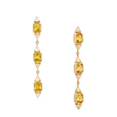 3.25 Carats Radiant Cut Yellow Sapphire and Trillion Diamond Earrings in 18K YG