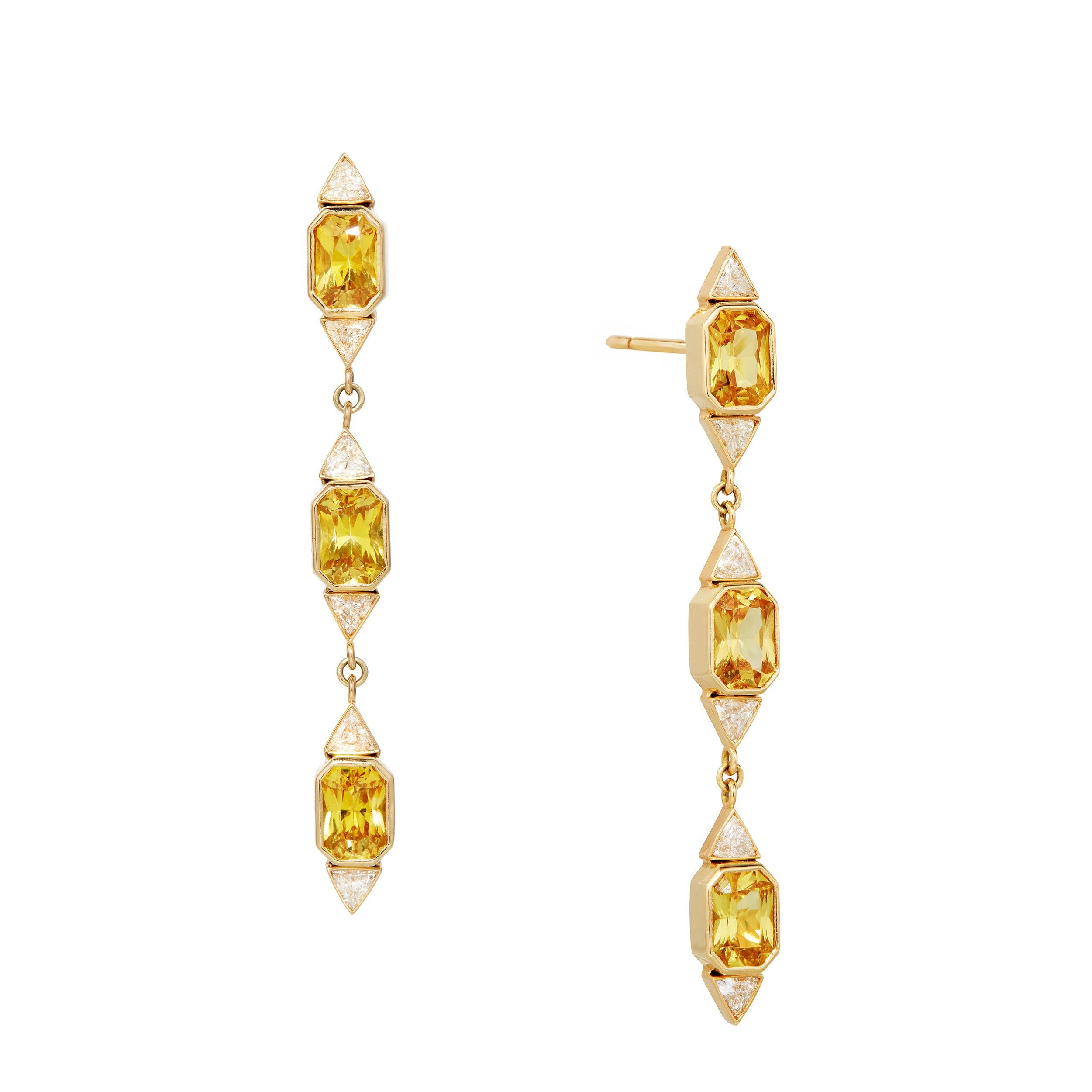 Modern 3.25 Carats Radiant Cut Yellow Sapphire and Trillion Diamond Earrings in 18K YG For Sale