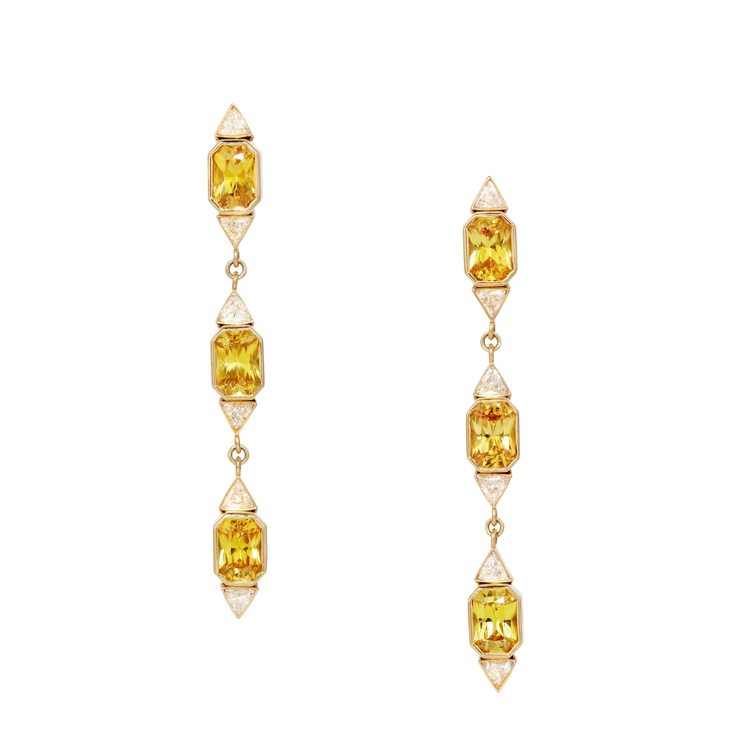 3.25 Carats Radiant Cut Yellow Sapphire and Trillion Diamond Earrings in 18K YG For Sale