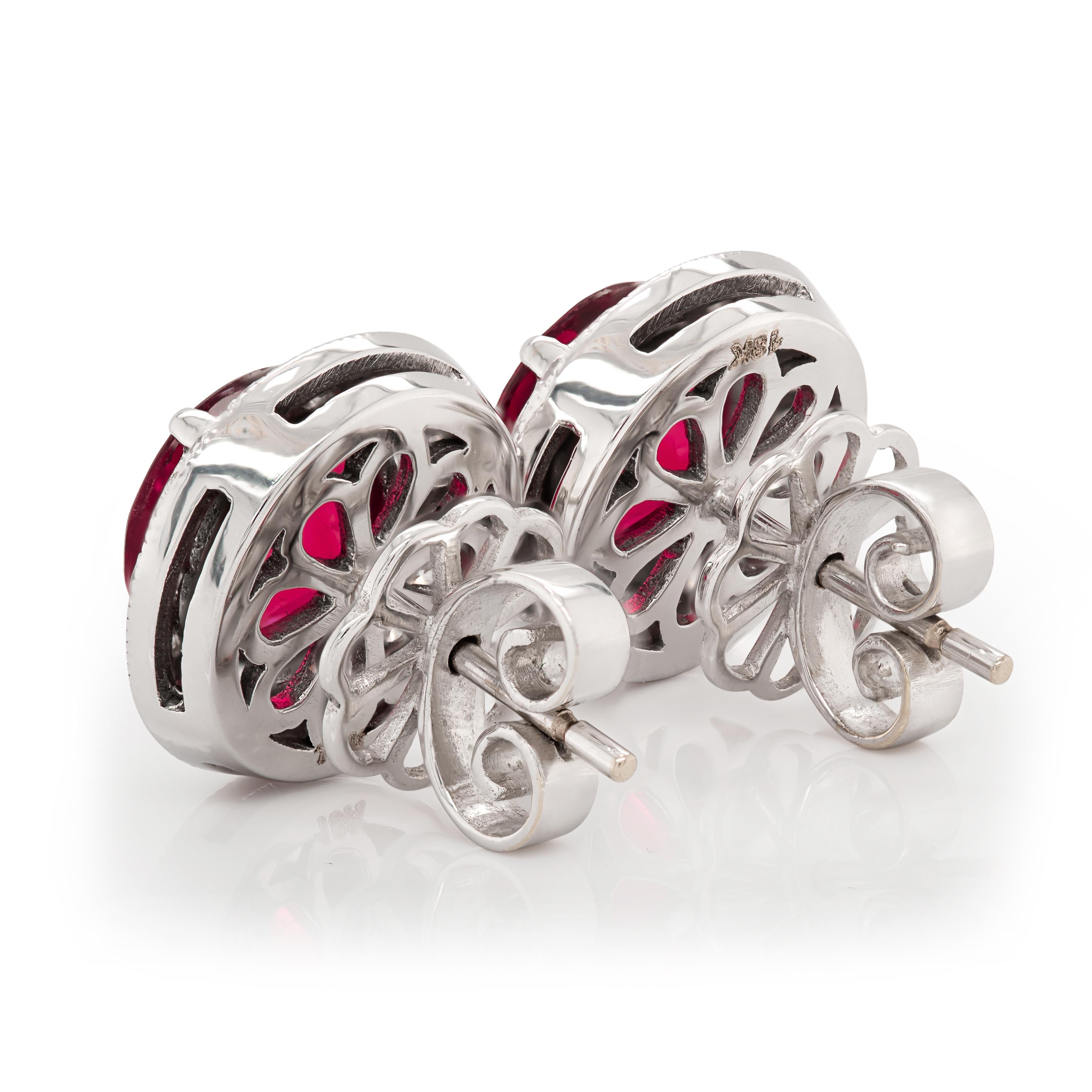 Mixed Cut Natural Red Rubellite Gemstones 3.25 cts in 18K White Gold Earrings w Diamonds For Sale