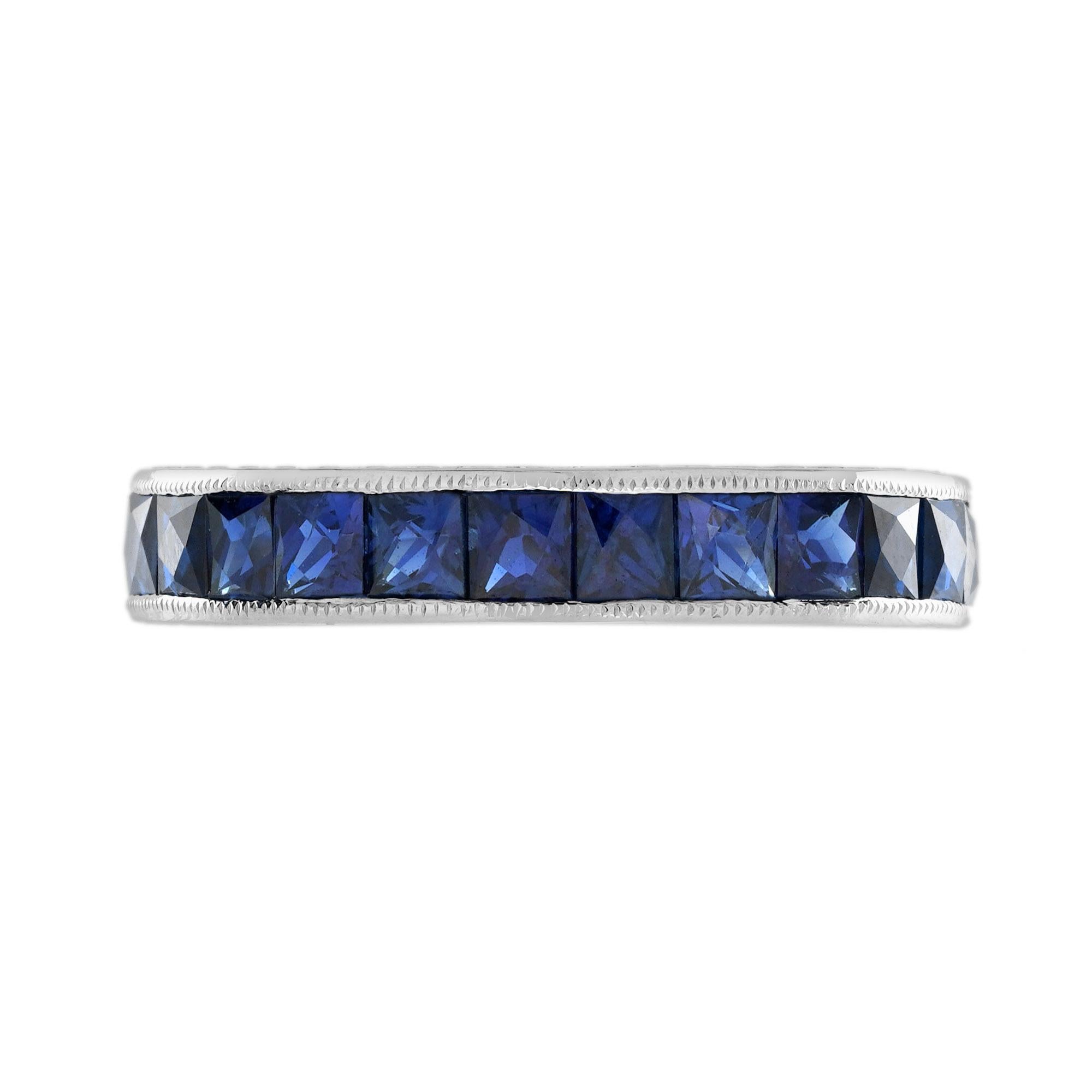 Square Cut 3.25 Ct. Blue Sapphire Antique Style Eternity Band Ring in Platinum 950 For Sale