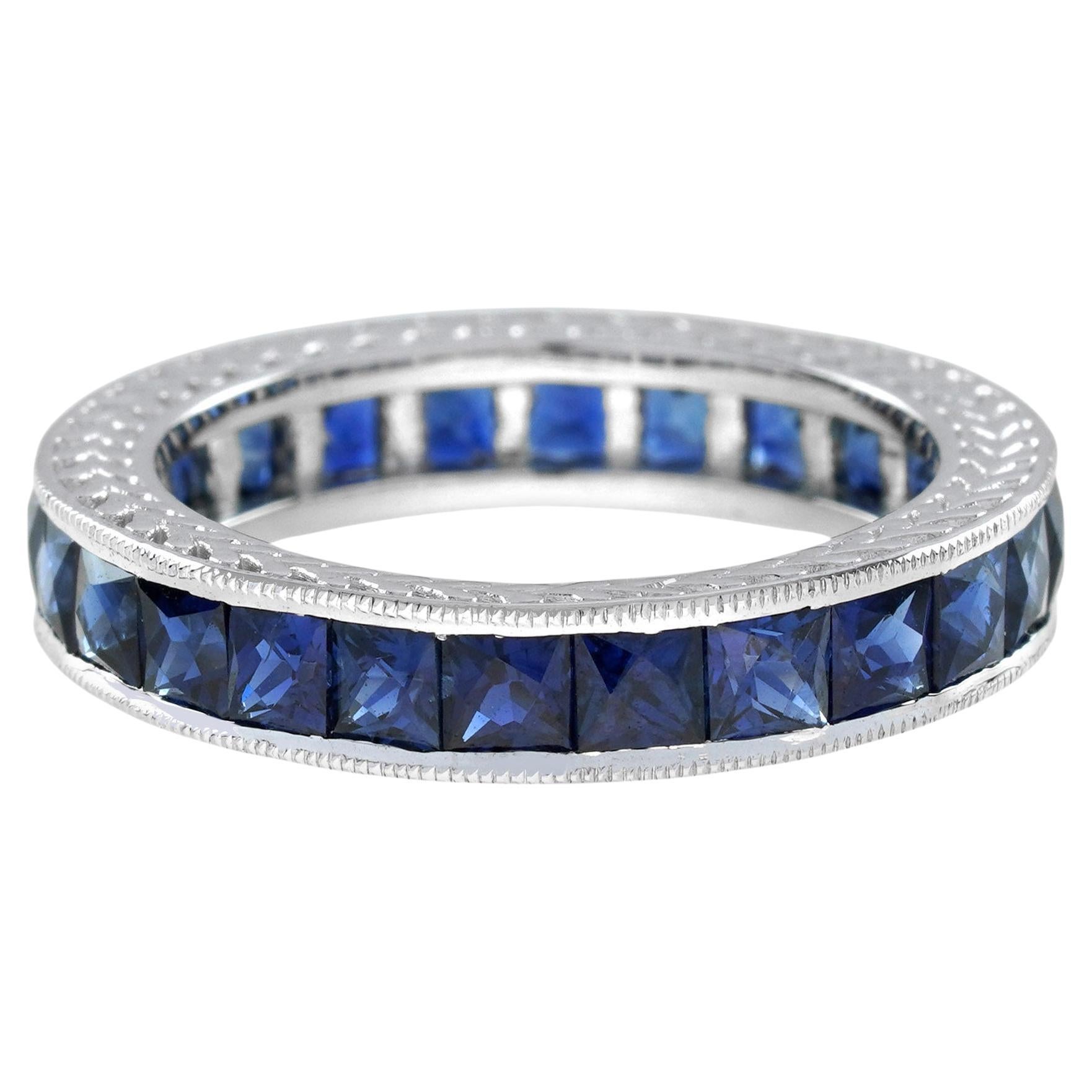 3.25 Ct. Blue Sapphire Antique Style Eternity Band Ring in Platinum 950 For Sale